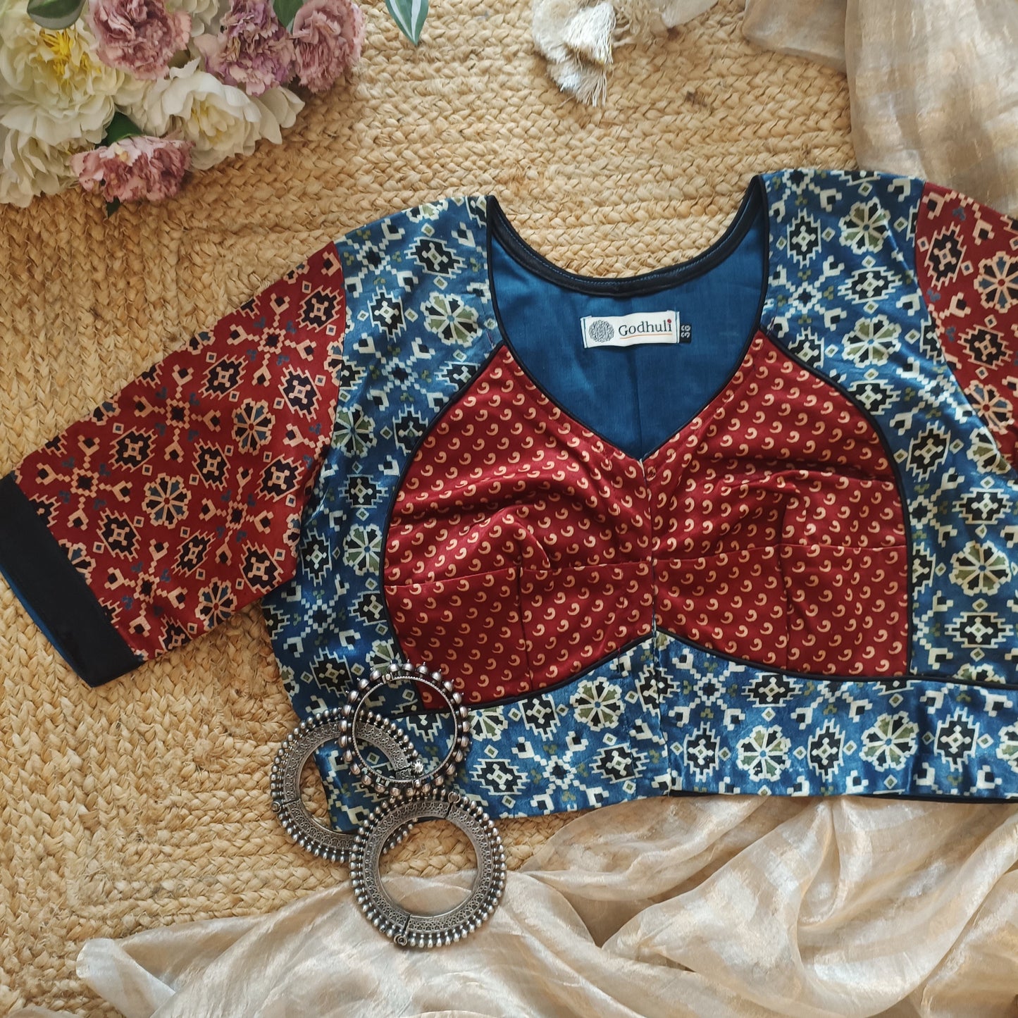 Maroon Indigo Blue Gaji Silk Choli Pattern Blouse
