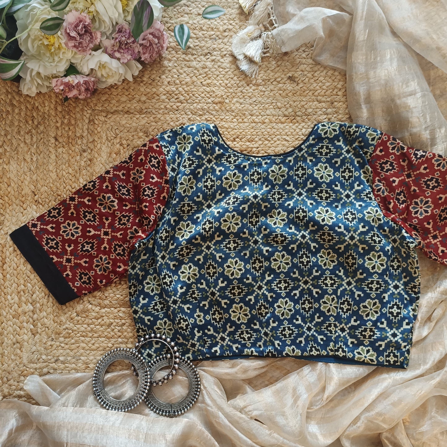Maroon Indigo Blue Gaji Silk Choli Pattern Blouse