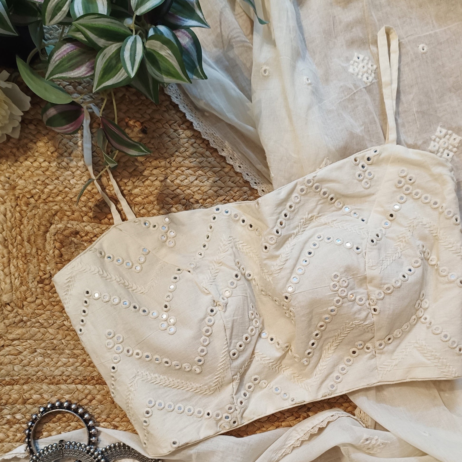Mulmul Ivory Faux Mirrorwork Saree Blouse Combo