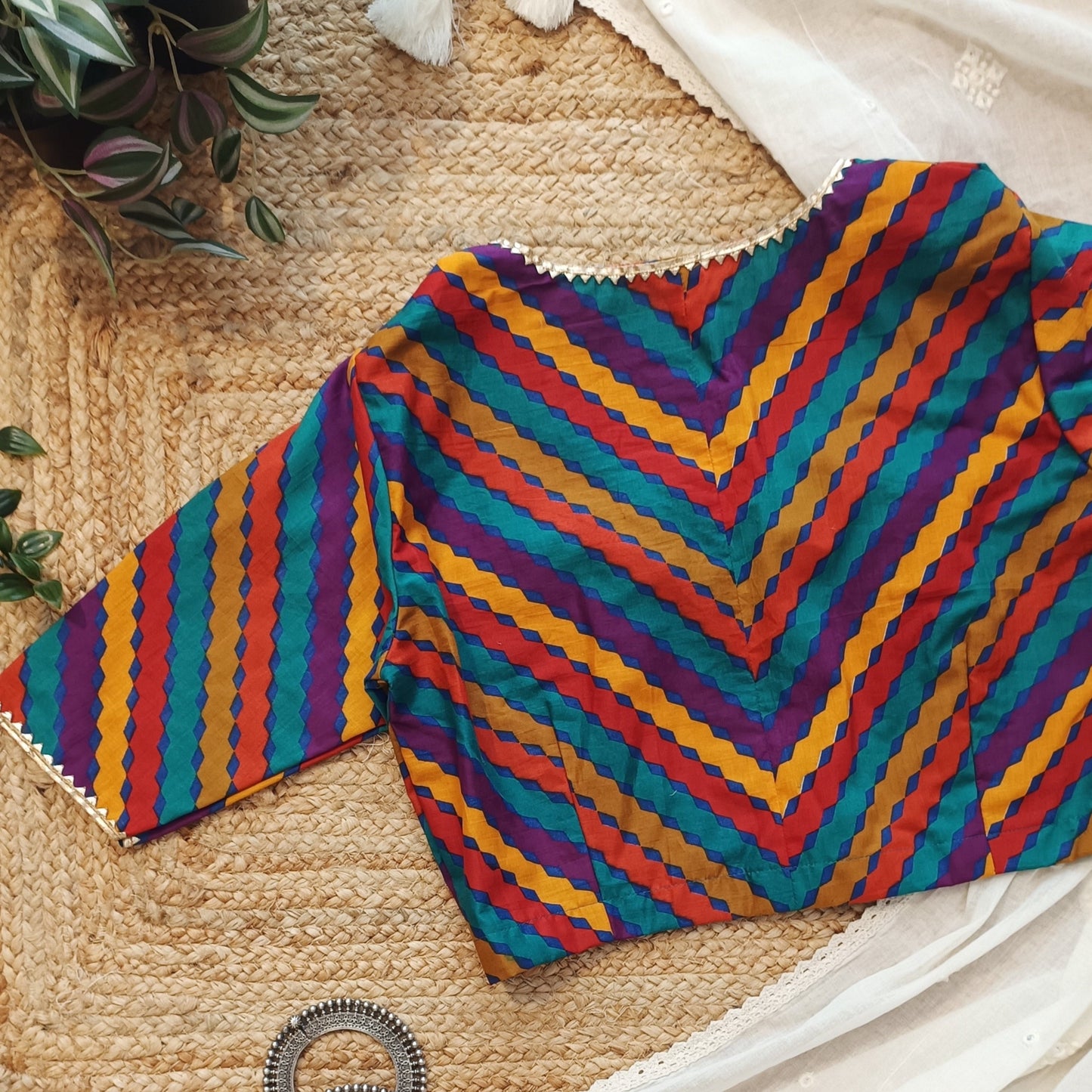 Multicoloured Leheriya Stripes Magenta blouse