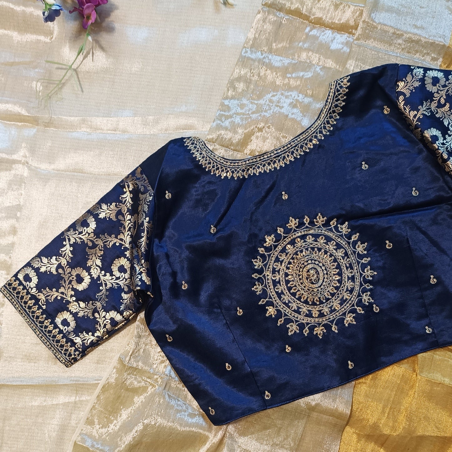 Navy Blue Gaji Silk Brocade Sleeves Aari Work Blouse