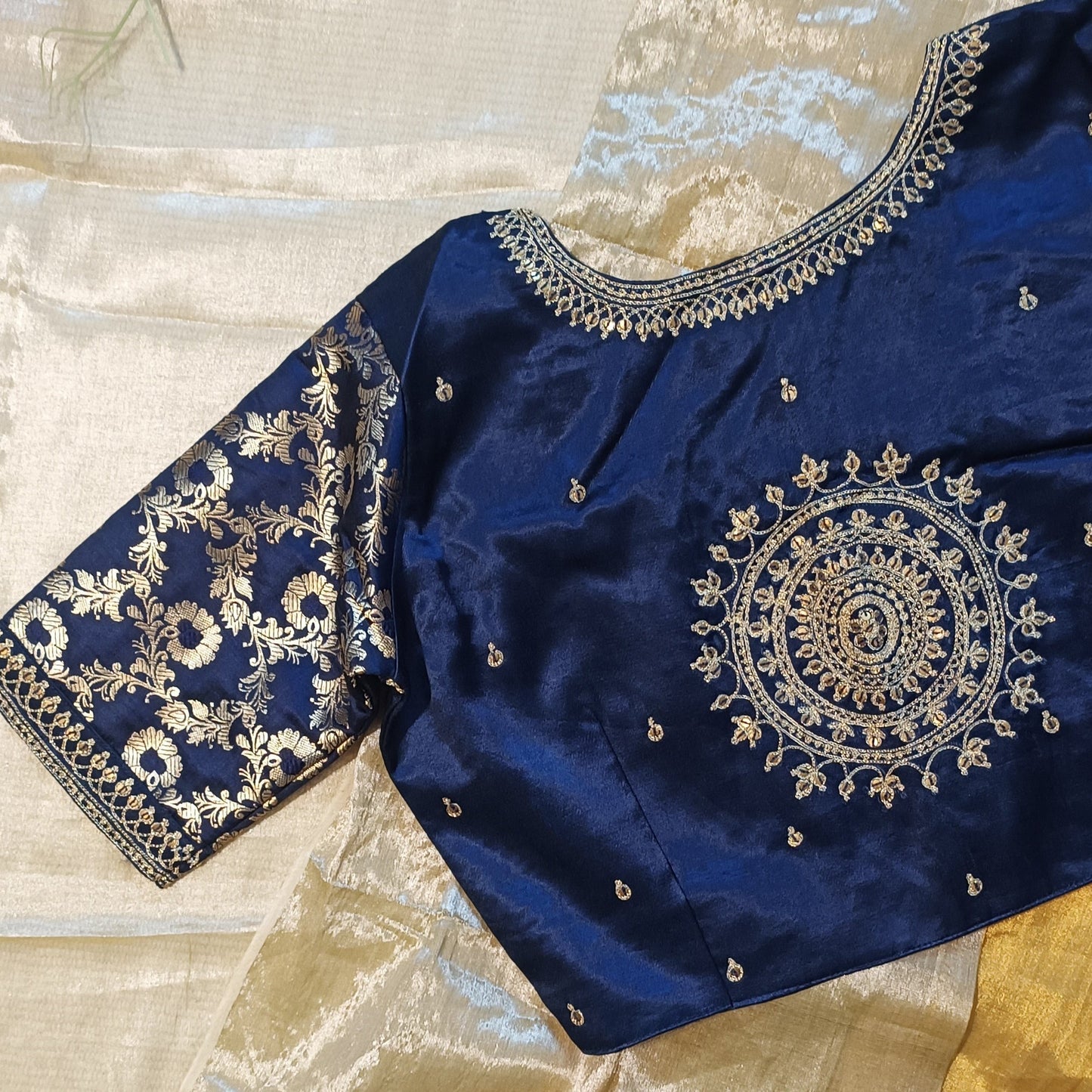 Navy Blue Gaji Silk Brocade Sleeves Aari Work Blouse