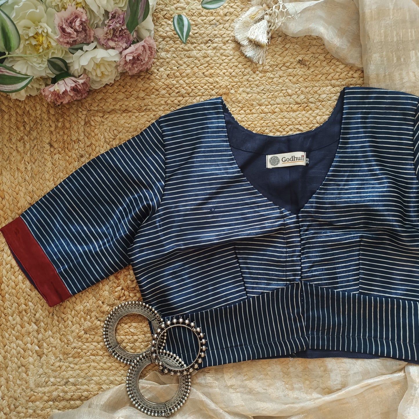 Navy Blue Gaji Silk Stripes Blouse