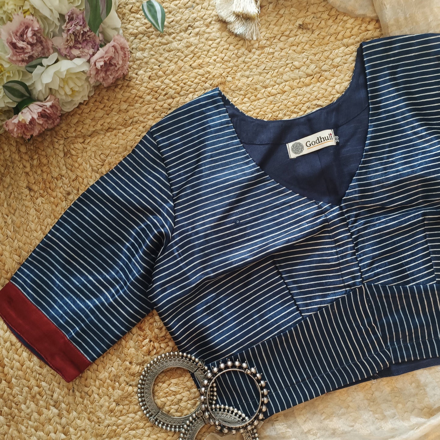 Navy Blue Gaji Silk Stripes Blouse