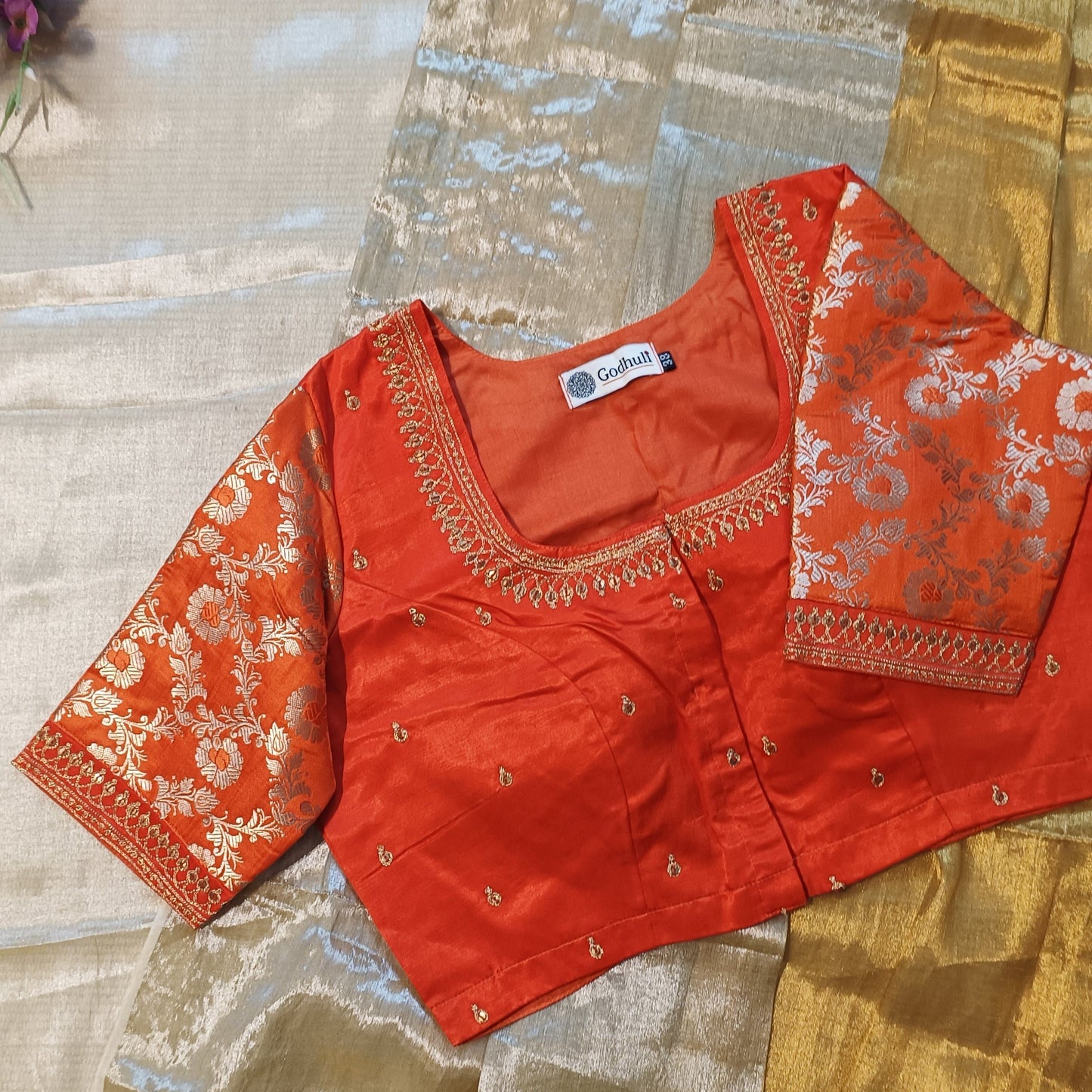 Orange Gaji Silk Brocade Sleeves Aari Work Blouse