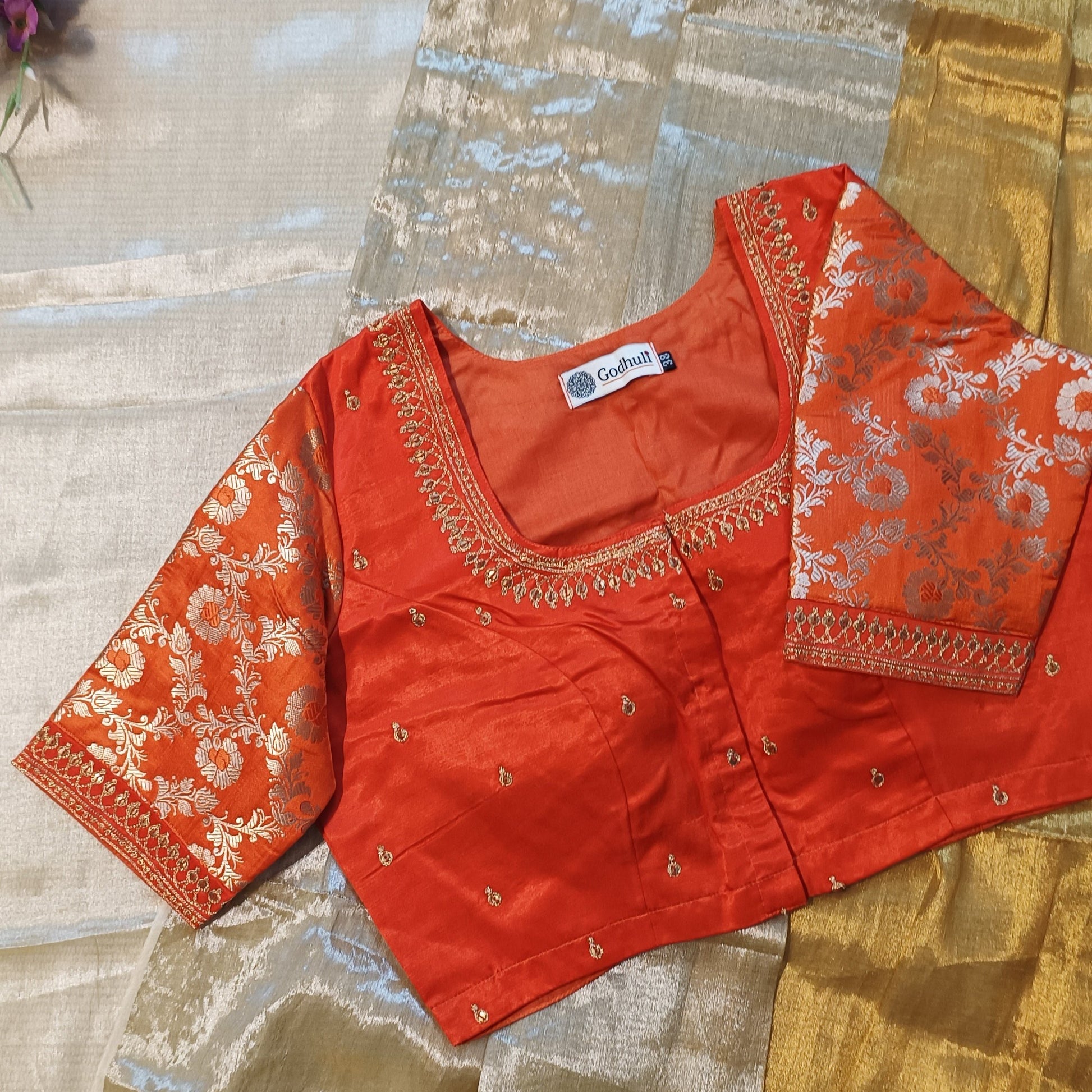 Orange Gaji Silk Brocade Sleeves Aari Work Blouse