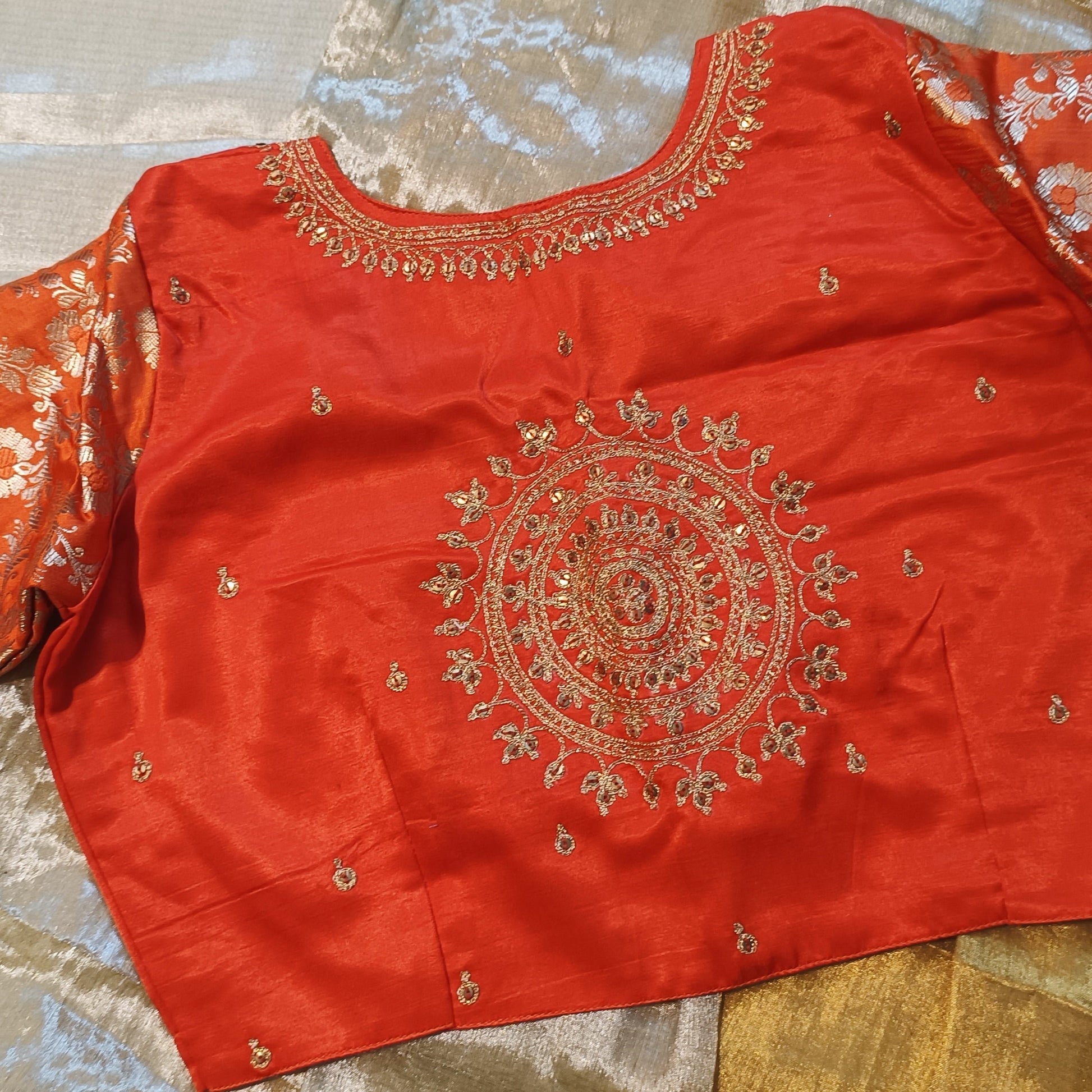 Orange Gaji Silk Brocade Sleeves Aari Work Blouse