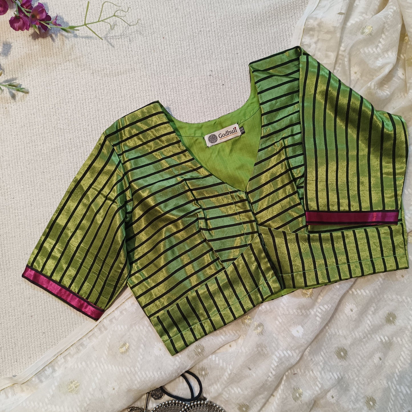 Parrot Green Gaji Silk Stripes Blouse