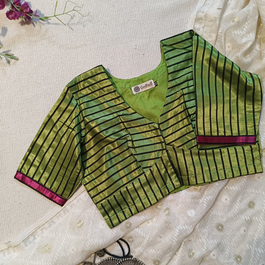 Parrot Green Gaji Silk Stripes Blouse