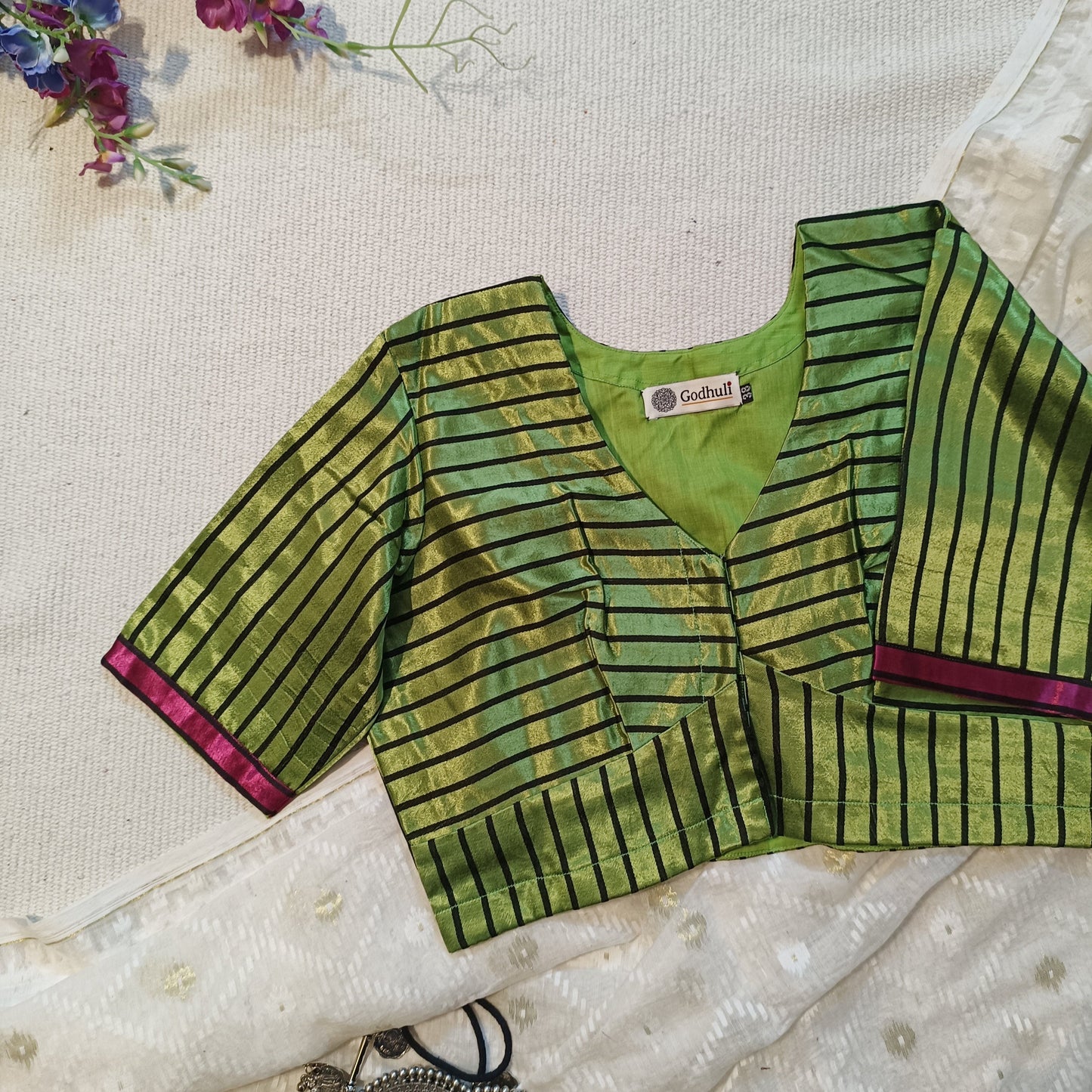 Parrot Green Gaji Silk Stripes Blouse