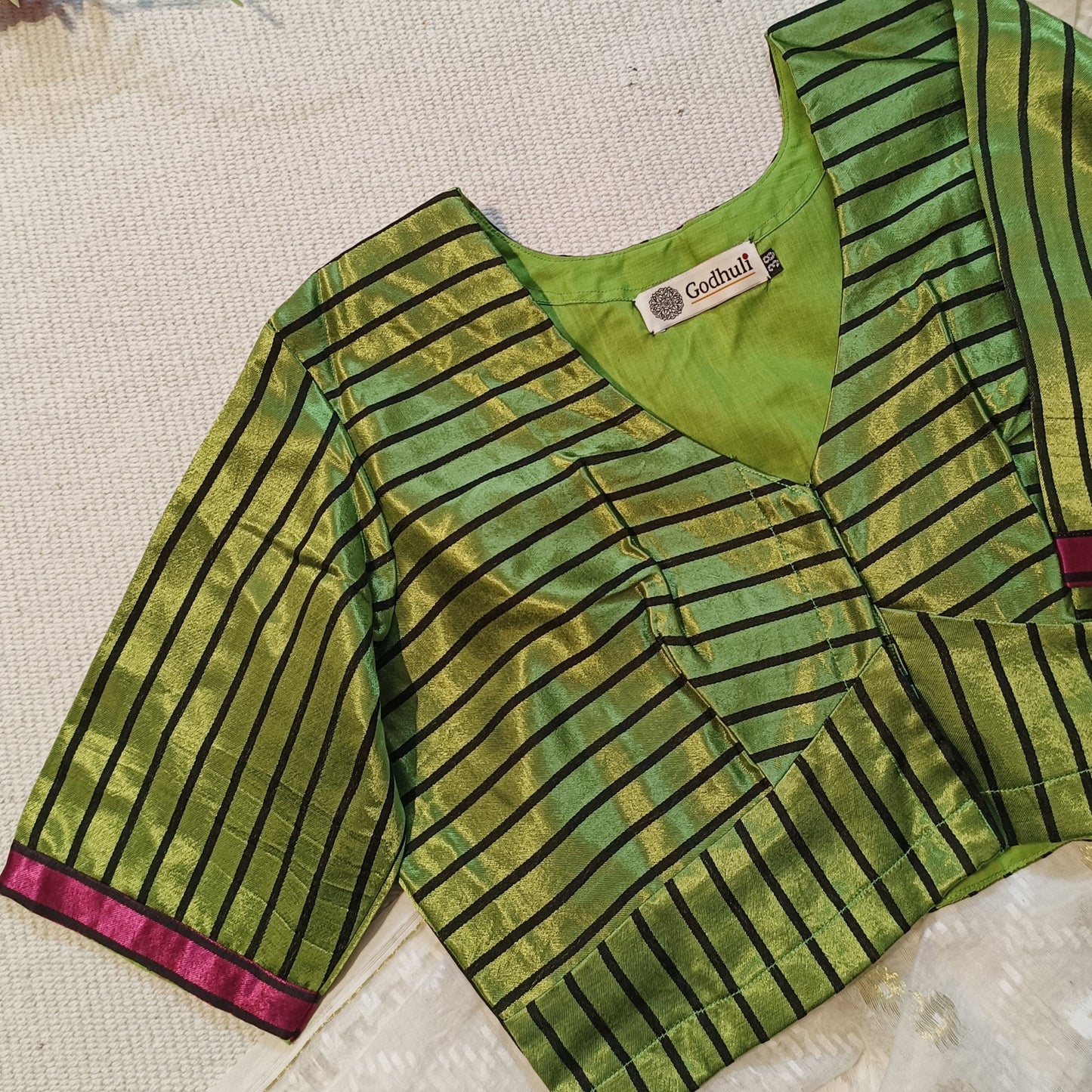Parrot Green Gaji Silk Stripes Blouse