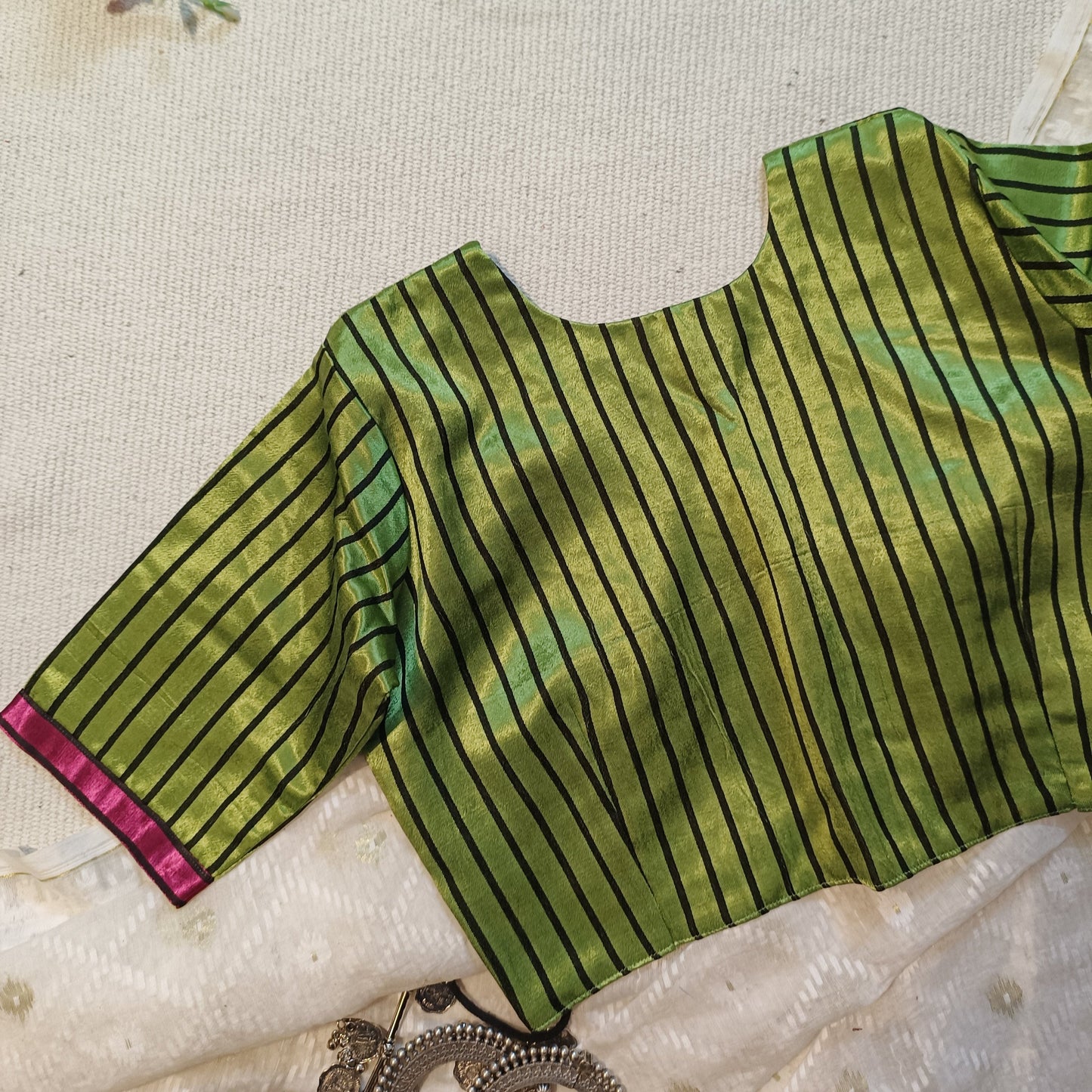 Parrot Green Gaji Silk Stripes Blouse