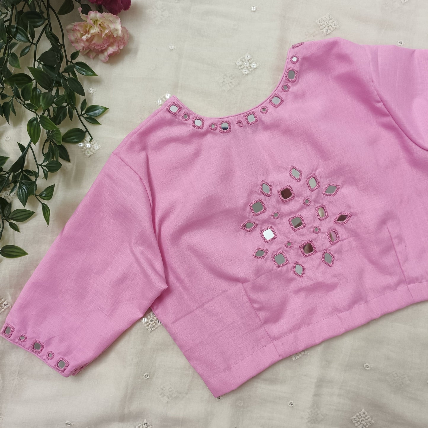 Pink Cotton Blouse with Mirror Work