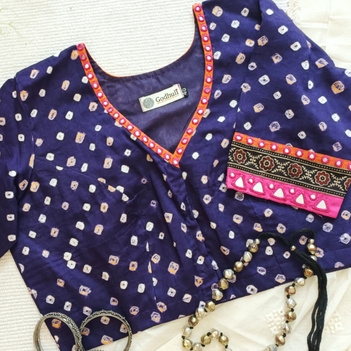 Purple Bandhani Blouse with Mirror Work