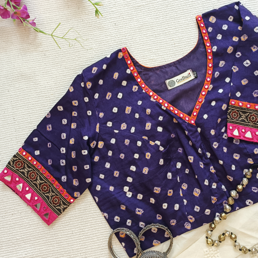 Purple Bandhani Blouse with Mirror Work
