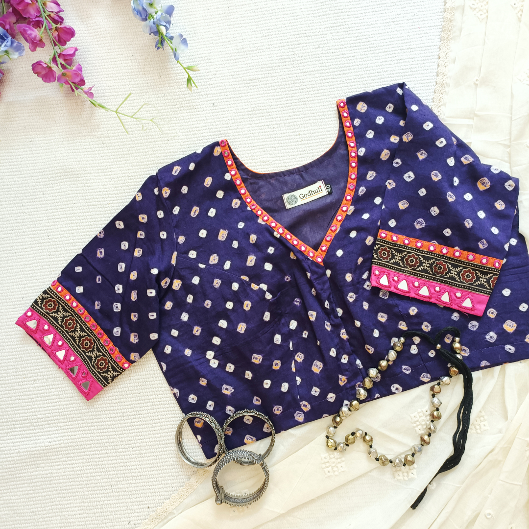 Purple Bandhani Blouse with Mirror Work