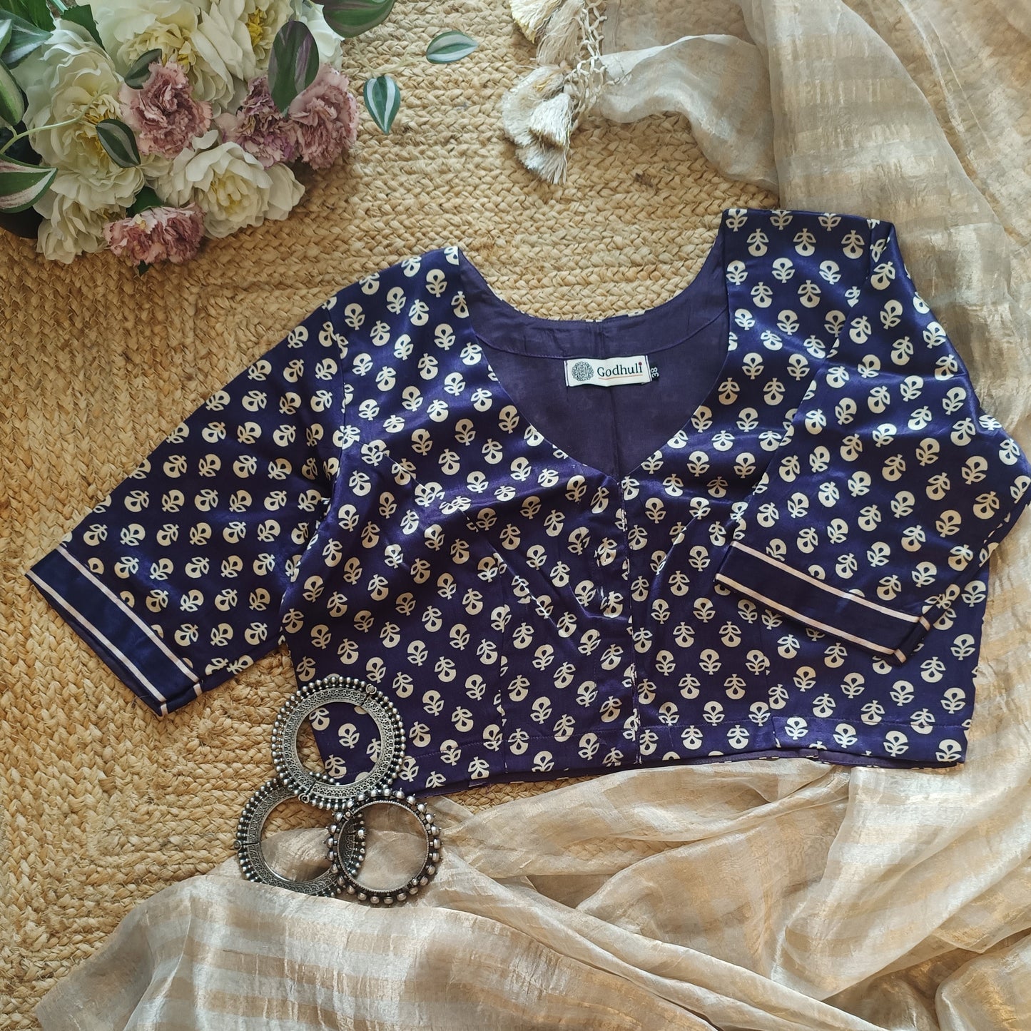 Purple Flower Motif Gaji Silk Blouse