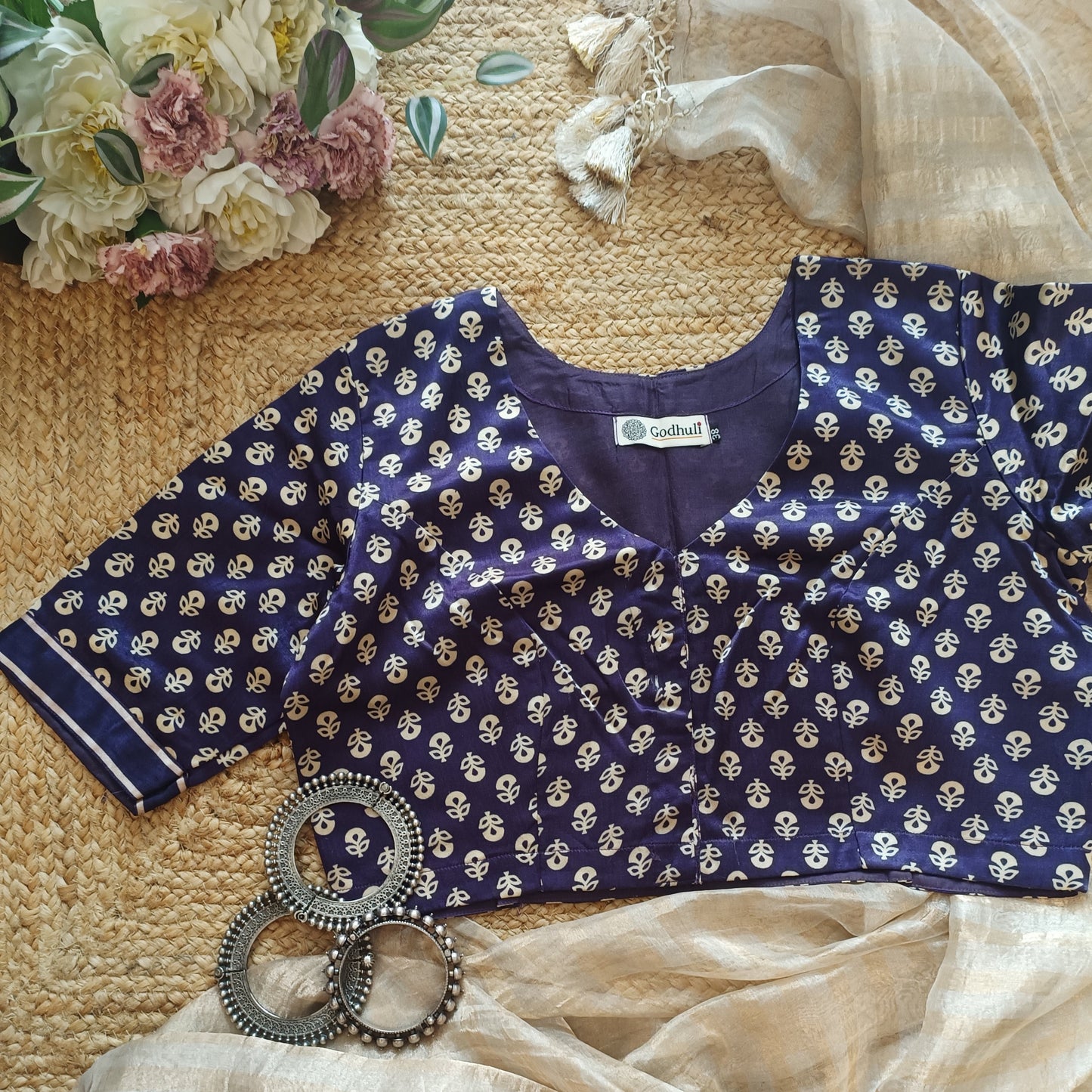 Purple Flower Motif Gaji Silk Blouse