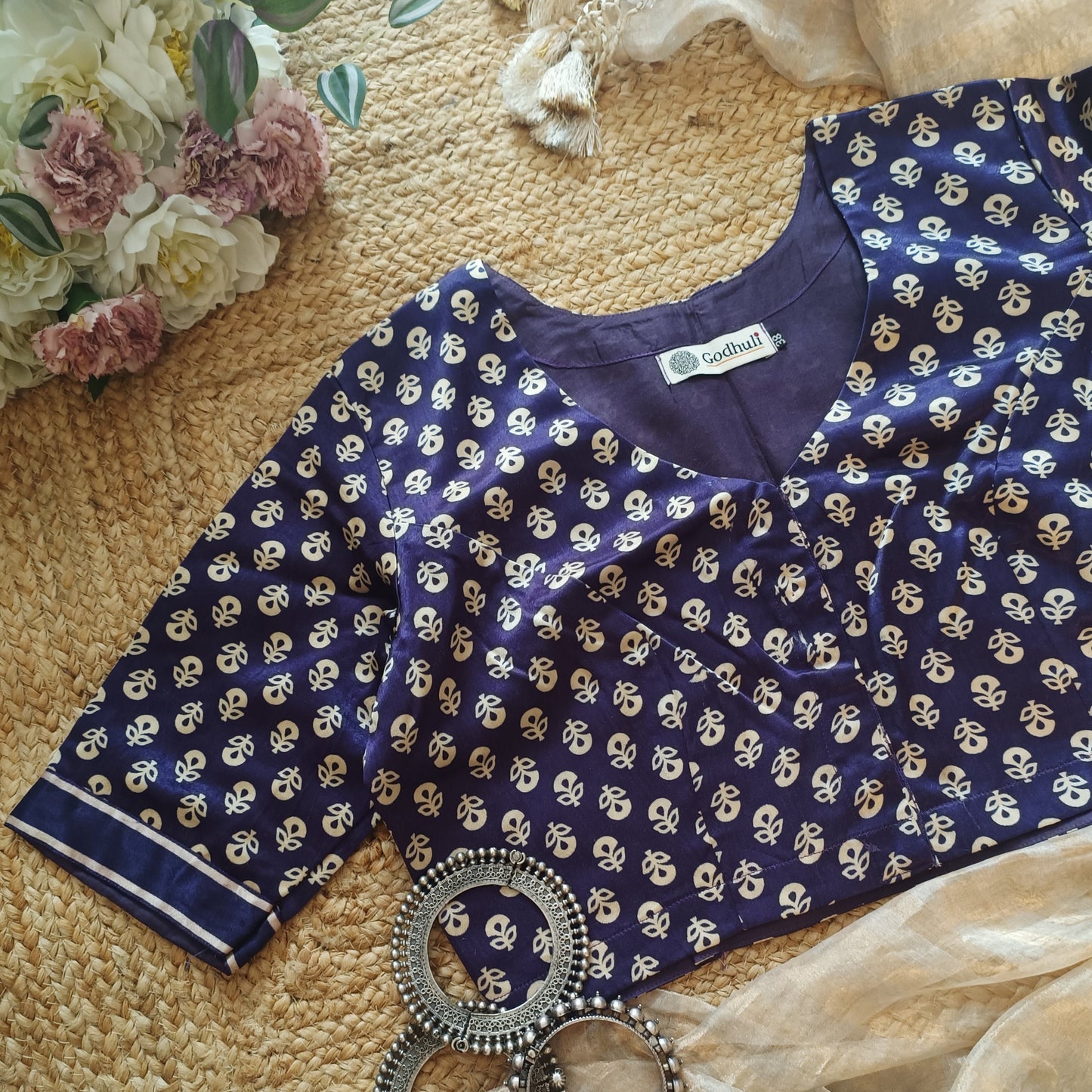 Purple Flower Motif Gaji Silk Blouse