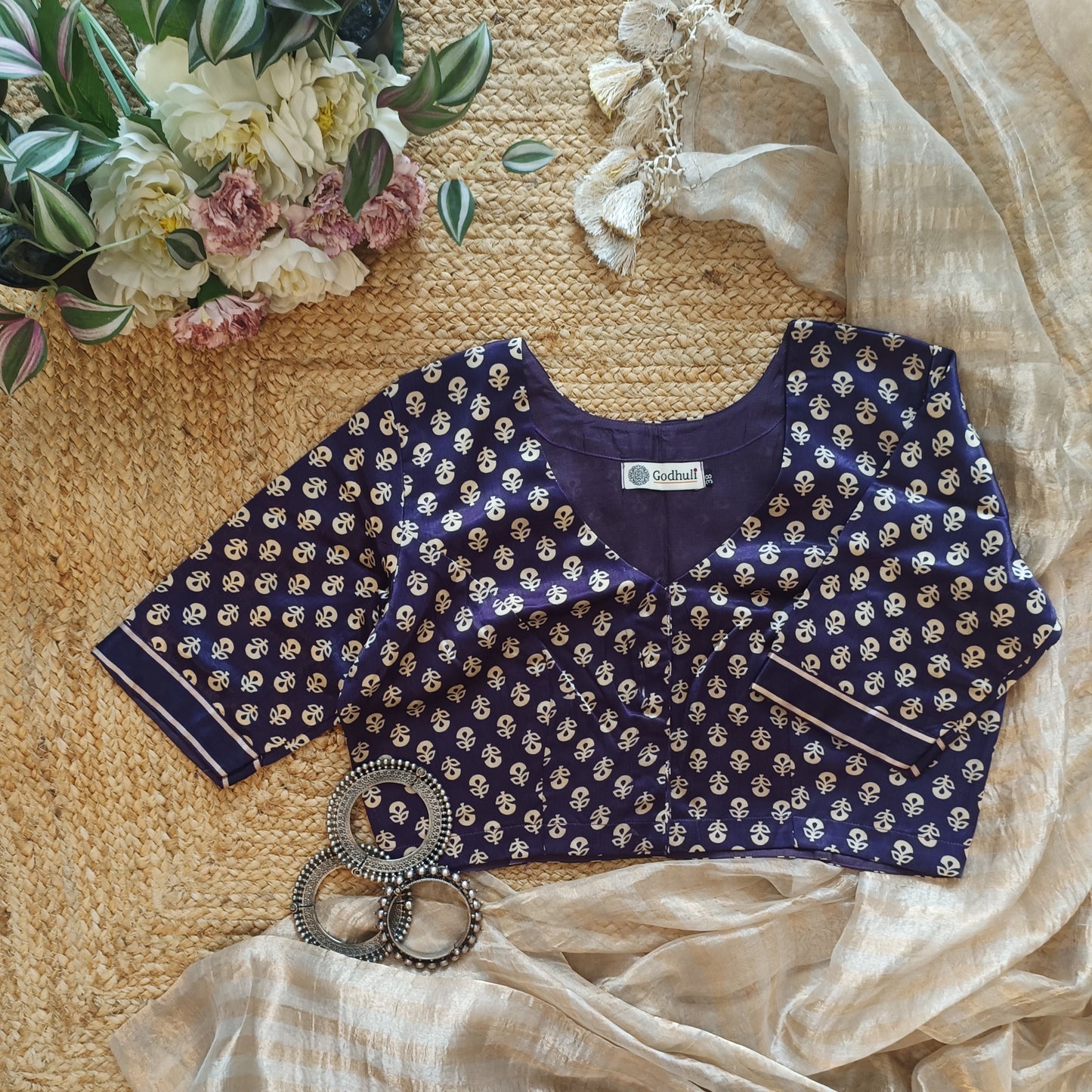 Purple Flower Motif Gaji Silk Blouse