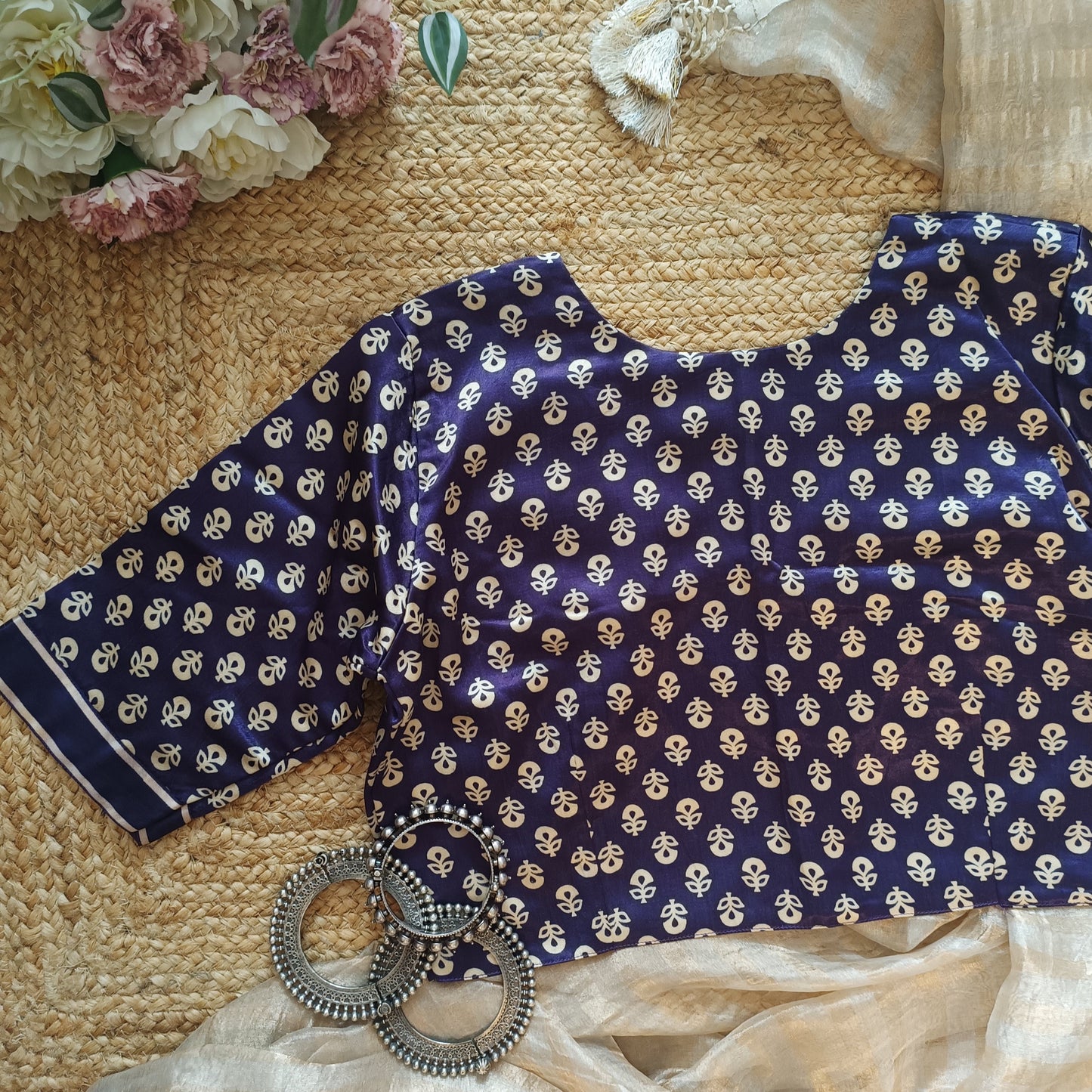 Purple Flower Motif Gaji Silk Blouse