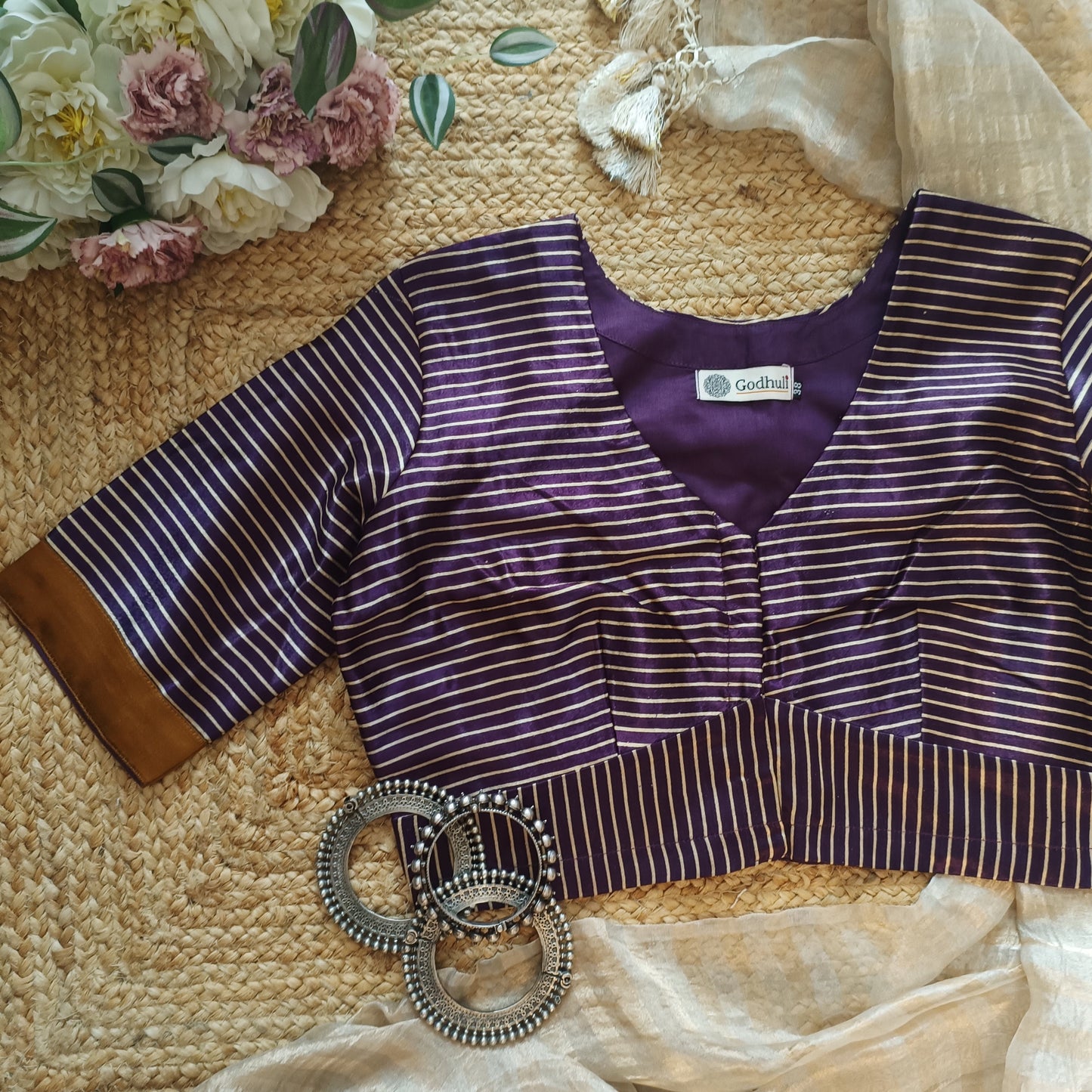 Purple Wine Gaji Silk Stripes Blouse
