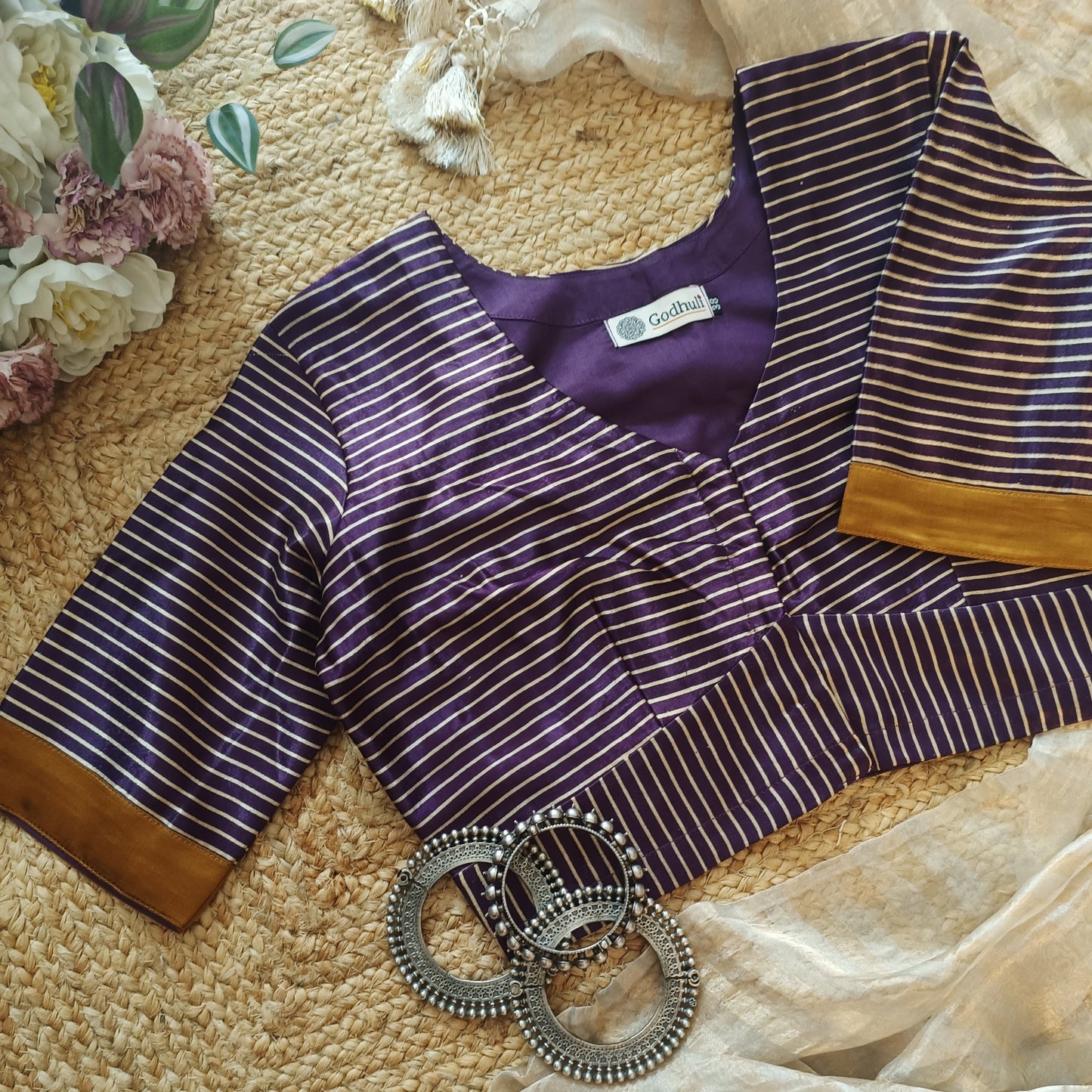 Purple Wine Gaji Silk Stripes Blouse