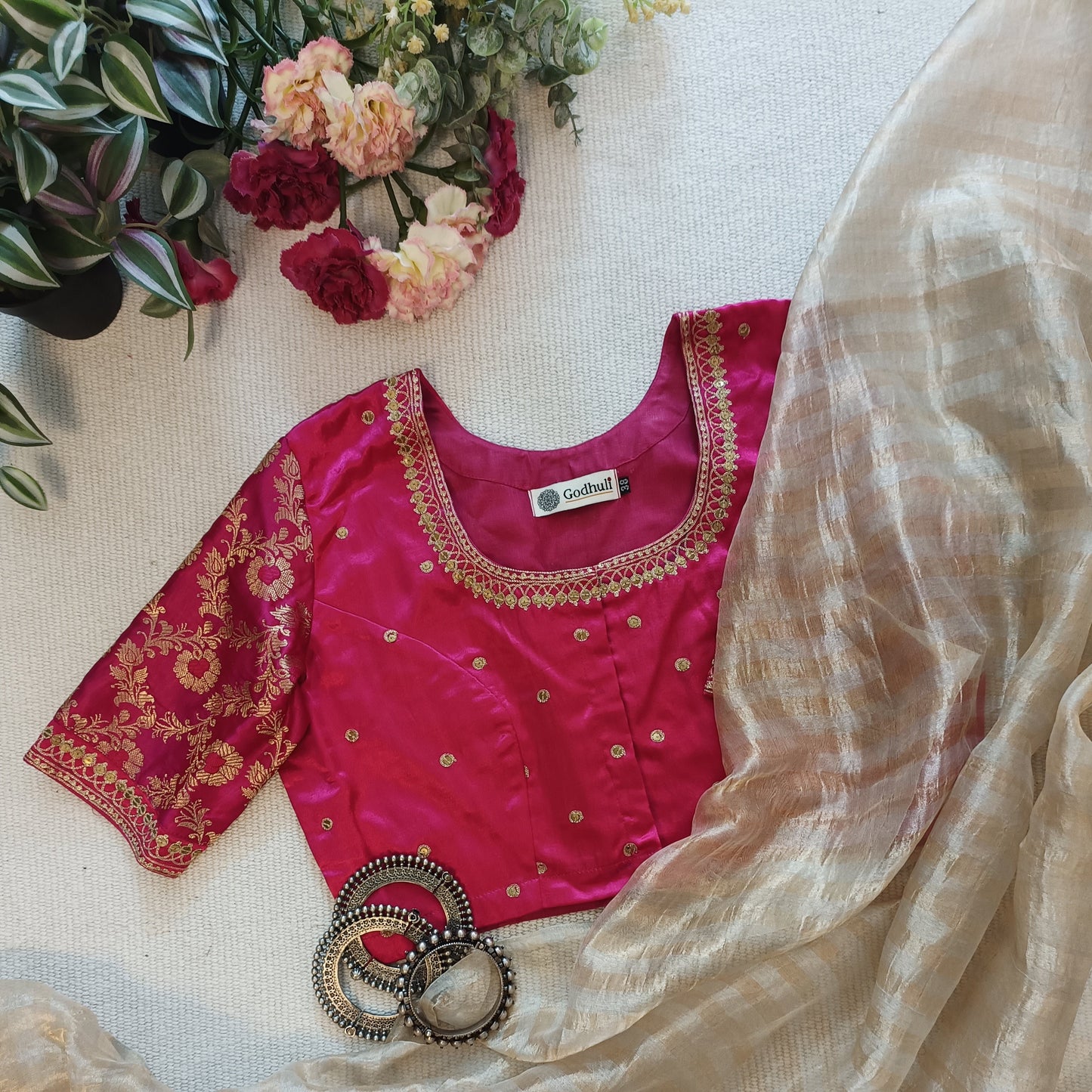 Rani Gaji Silk Brocade Sleeves Aari Work Blouse