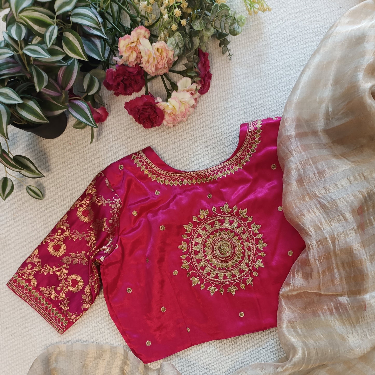 Rani Gaji Silk Brocade Sleeves Aari Work Blouse