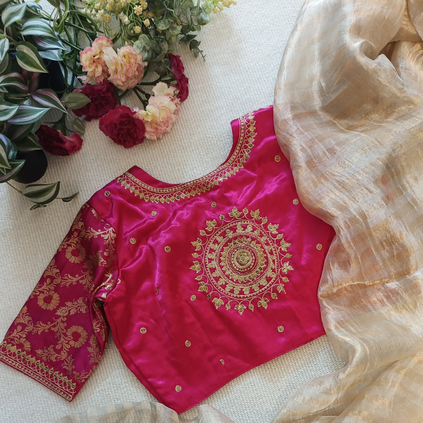 Rani Gaji Silk Brocade Sleeves Aari Work Blouse