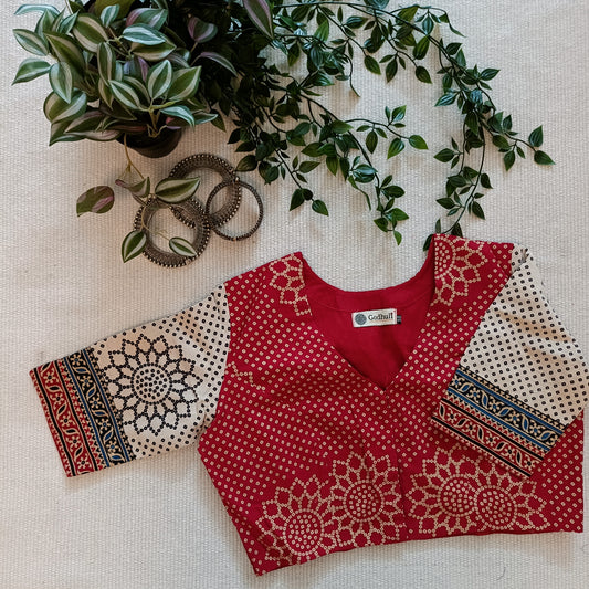 Red Beige Bandhani Print Gamathi Blouse