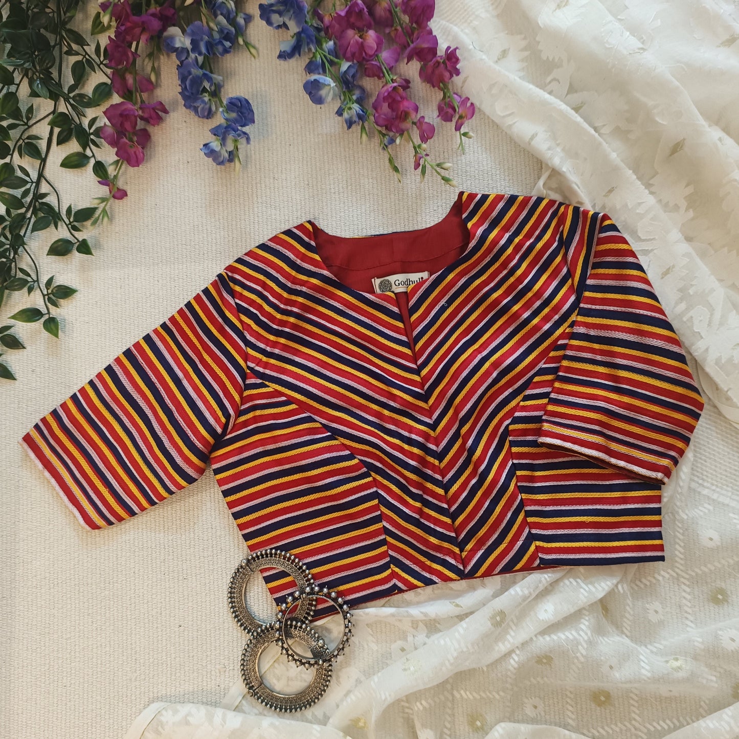 Red Blue Yellow Stripes Multicoloured Gaji Silk Blouse