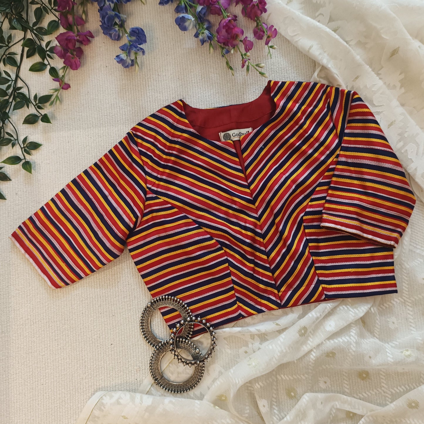 Red Blue Yellow Stripes Multicoloured Gaji Silk Blouse