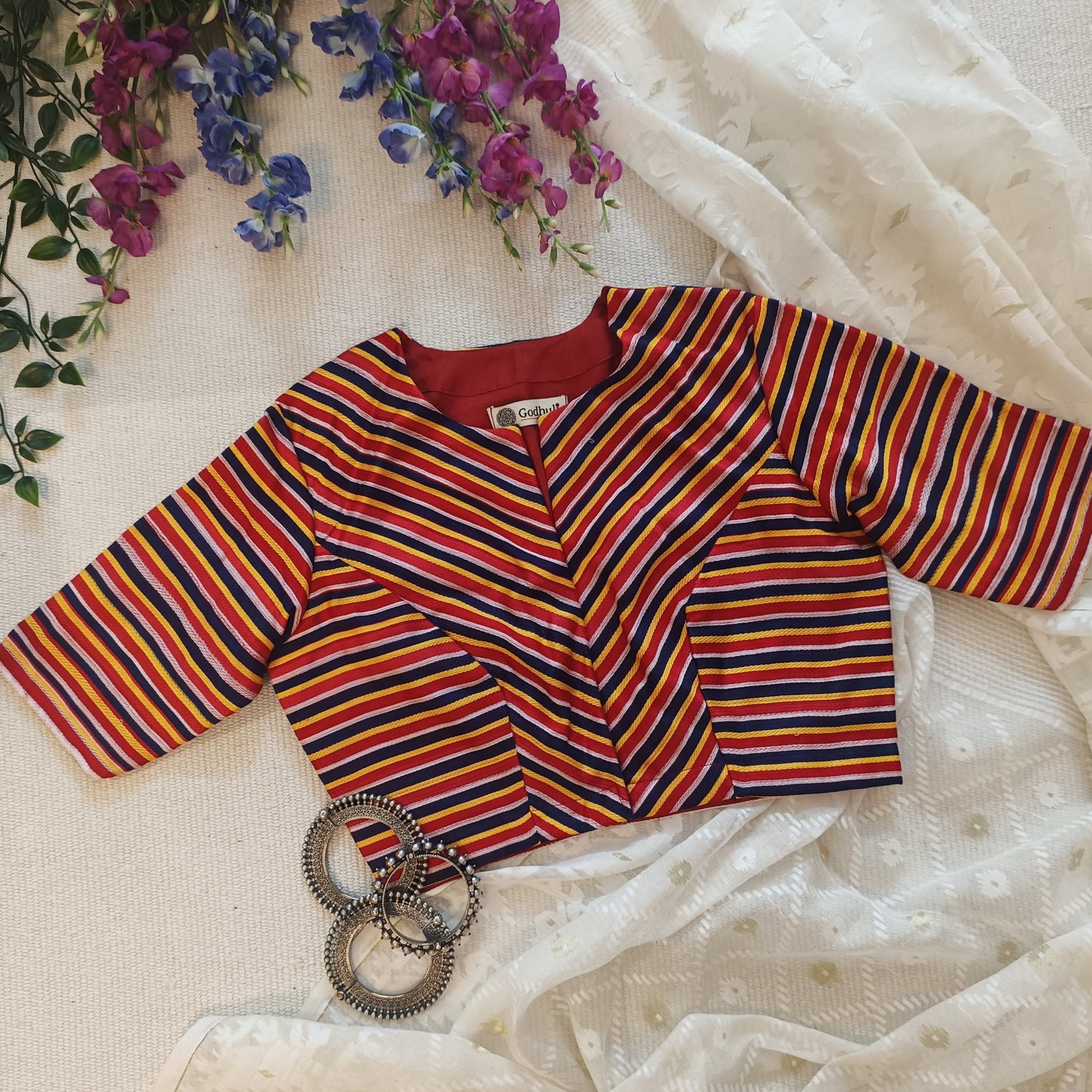 Red Blue Yellow Stripes Multicoloured Gaji Silk Blouse