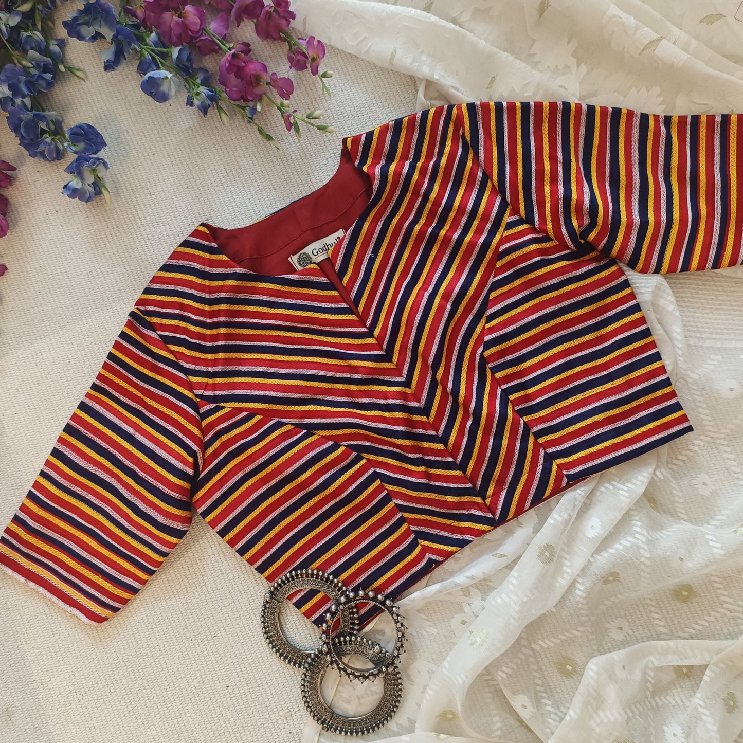Red Blue Yellow Stripes Multicoloured Gaji Silk Blouse
