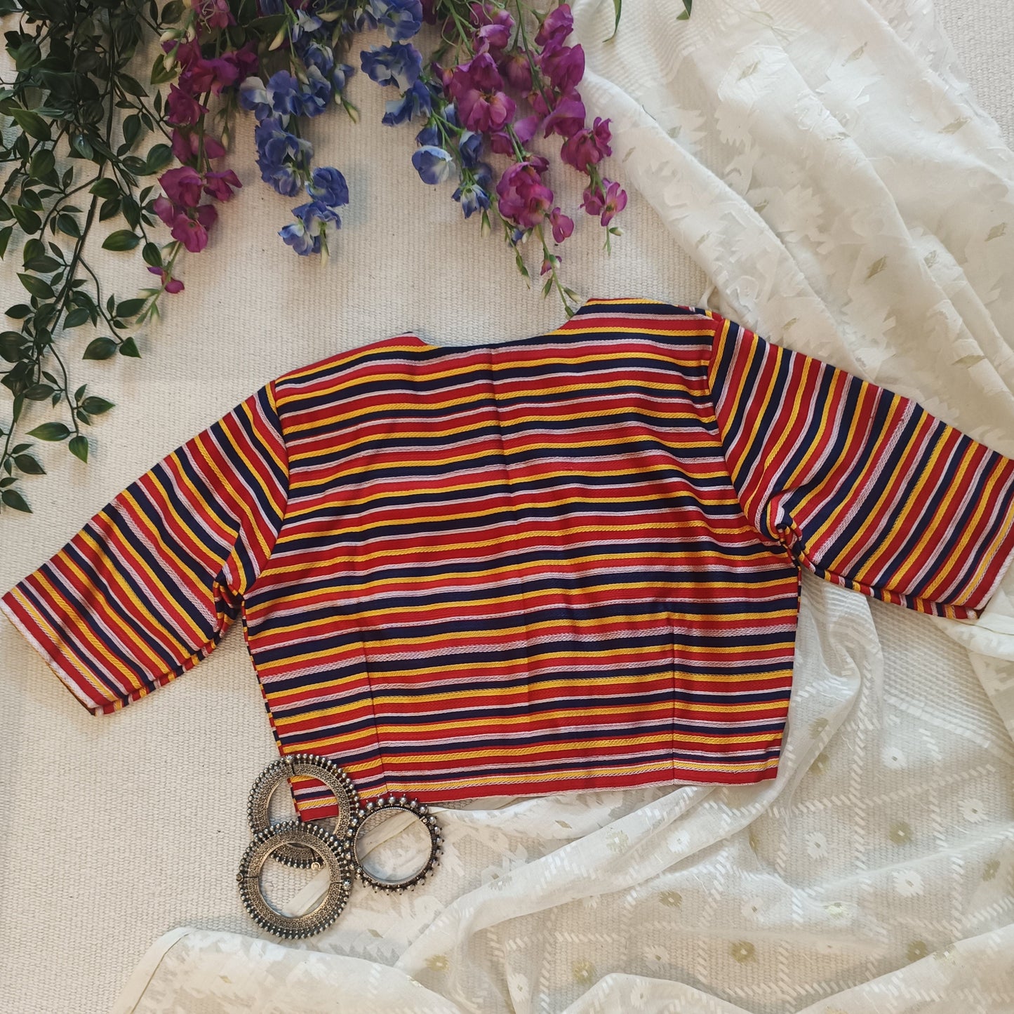 Red Blue Yellow Stripes Multicoloured Gaji Silk Blouse