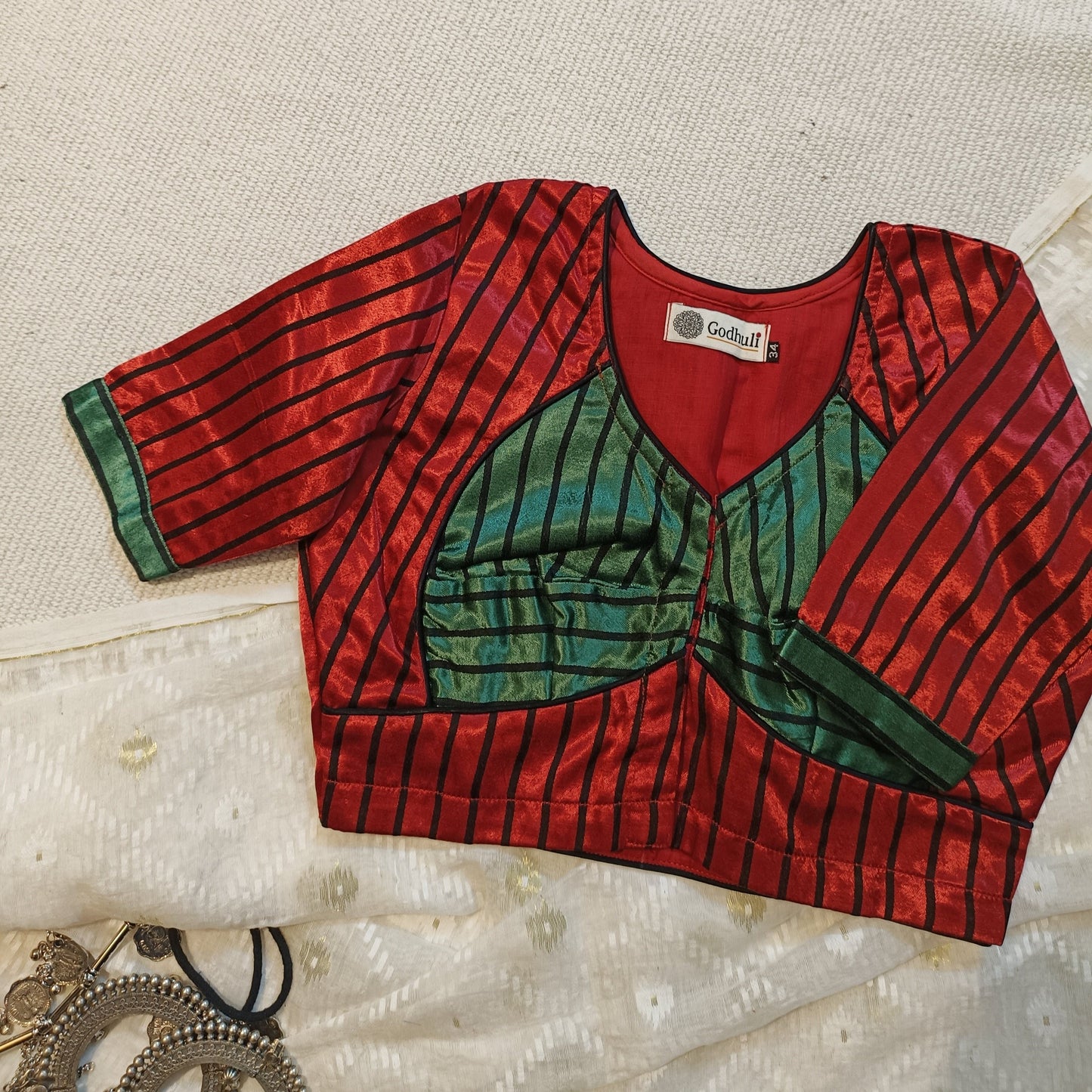 Red Green Gaji Silk Choli Pattern Blouse