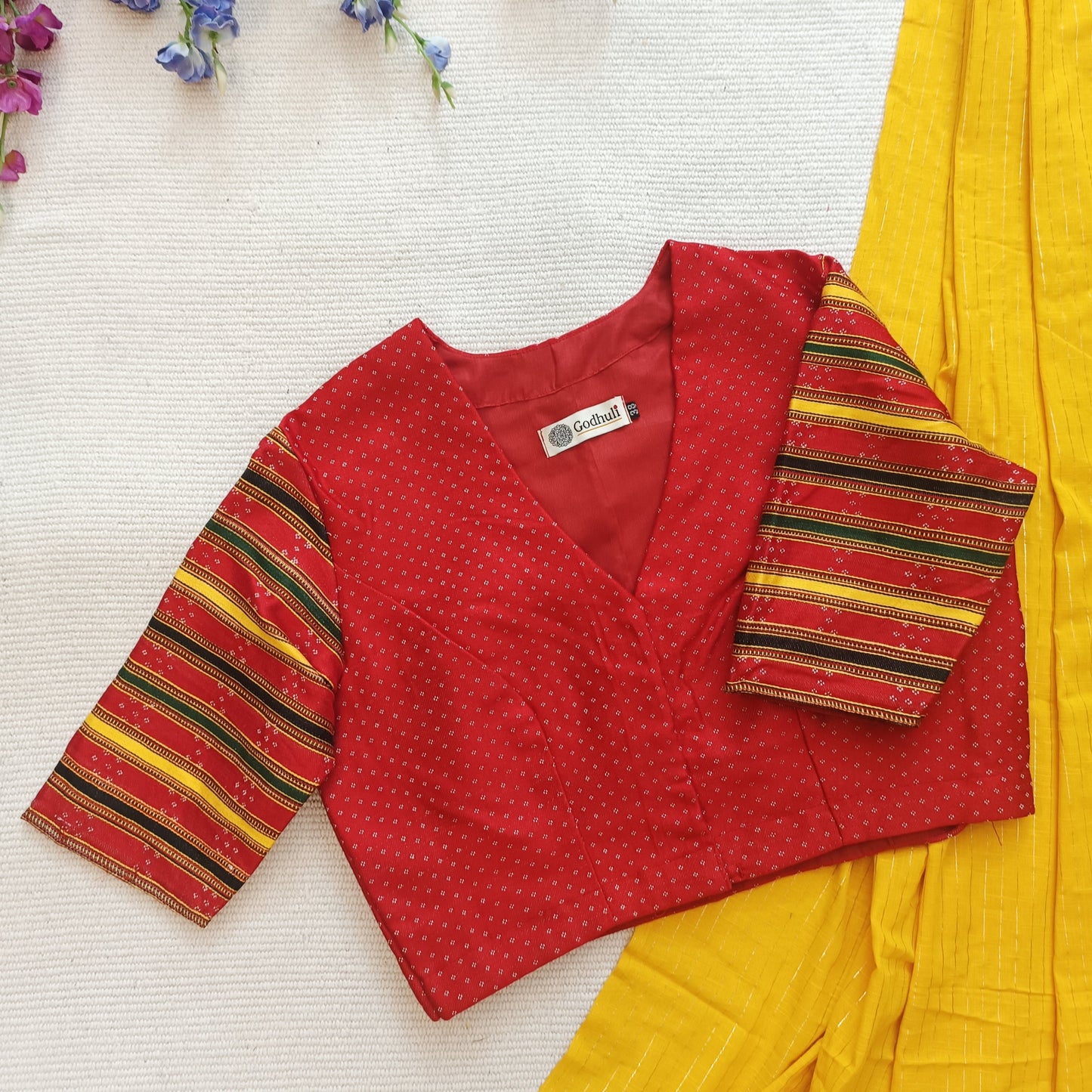 Red Handwoven Gaji Silk Blouse with Multicoloured Stripes Sleeves