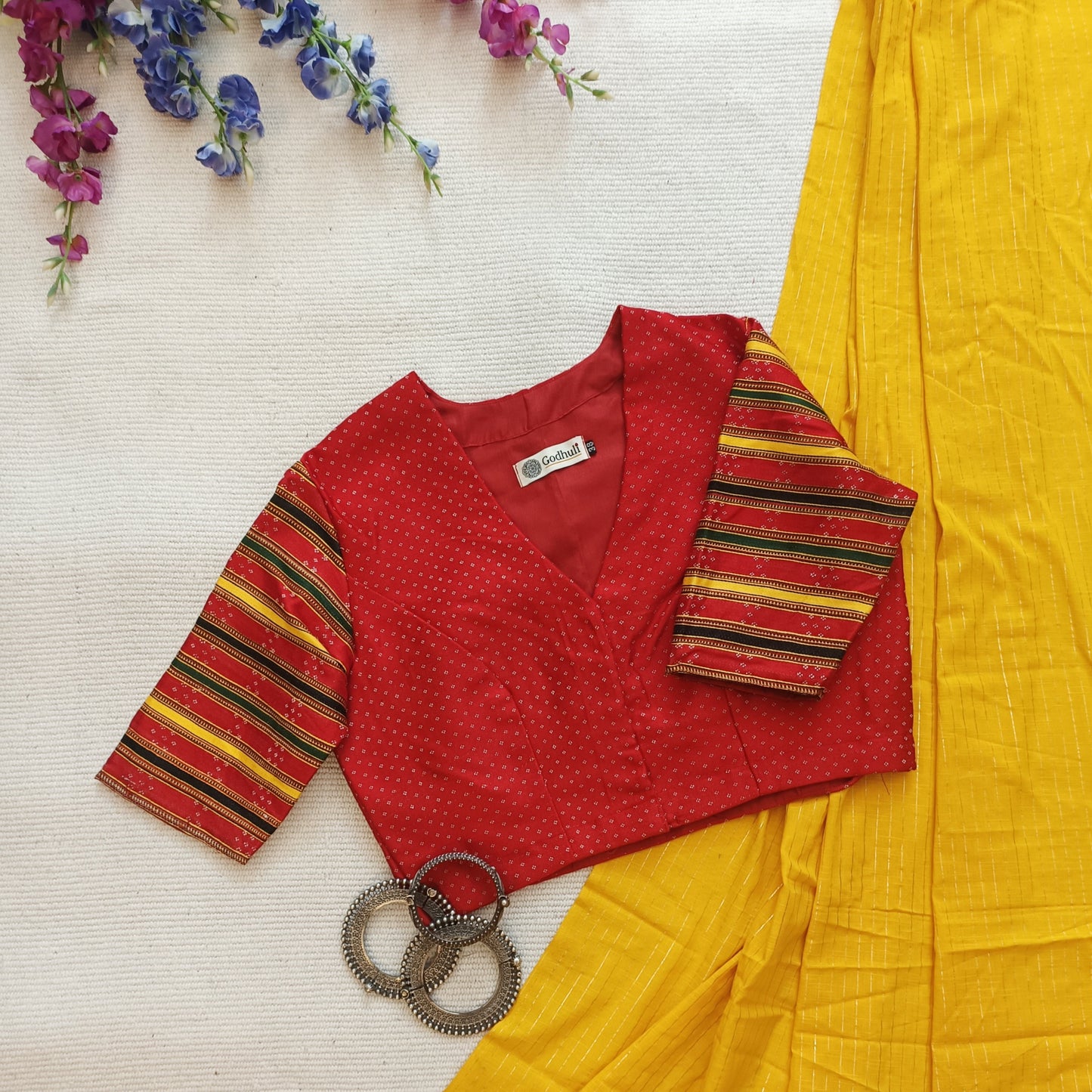 Red Handwoven Gaji Silk Blouse with Multicoloured Stripes Sleeves