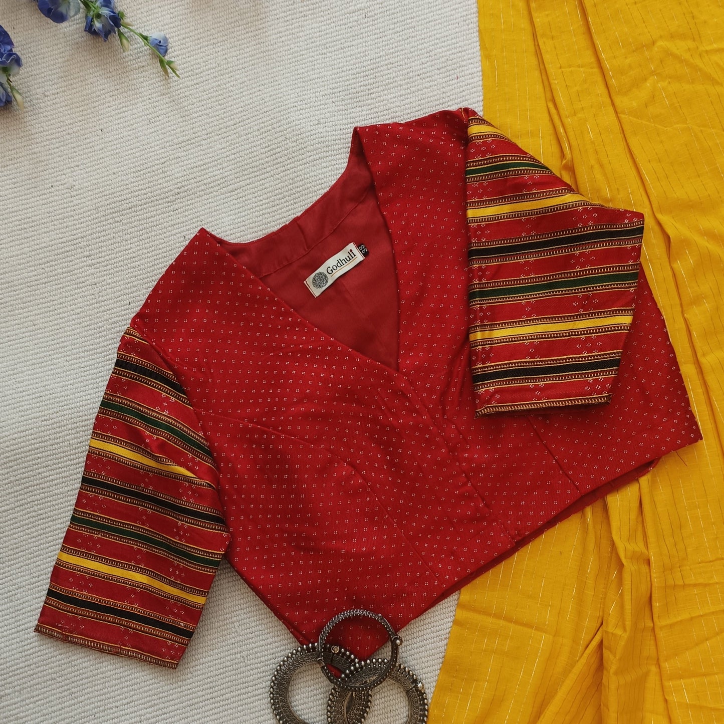 Red Handwoven Gaji Silk Blouse with Multicoloured Stripes Sleeves