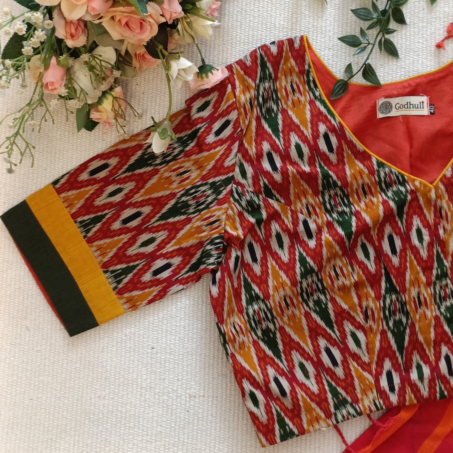 Red Mustard Green Ikat Print Flax Cotton Blouse