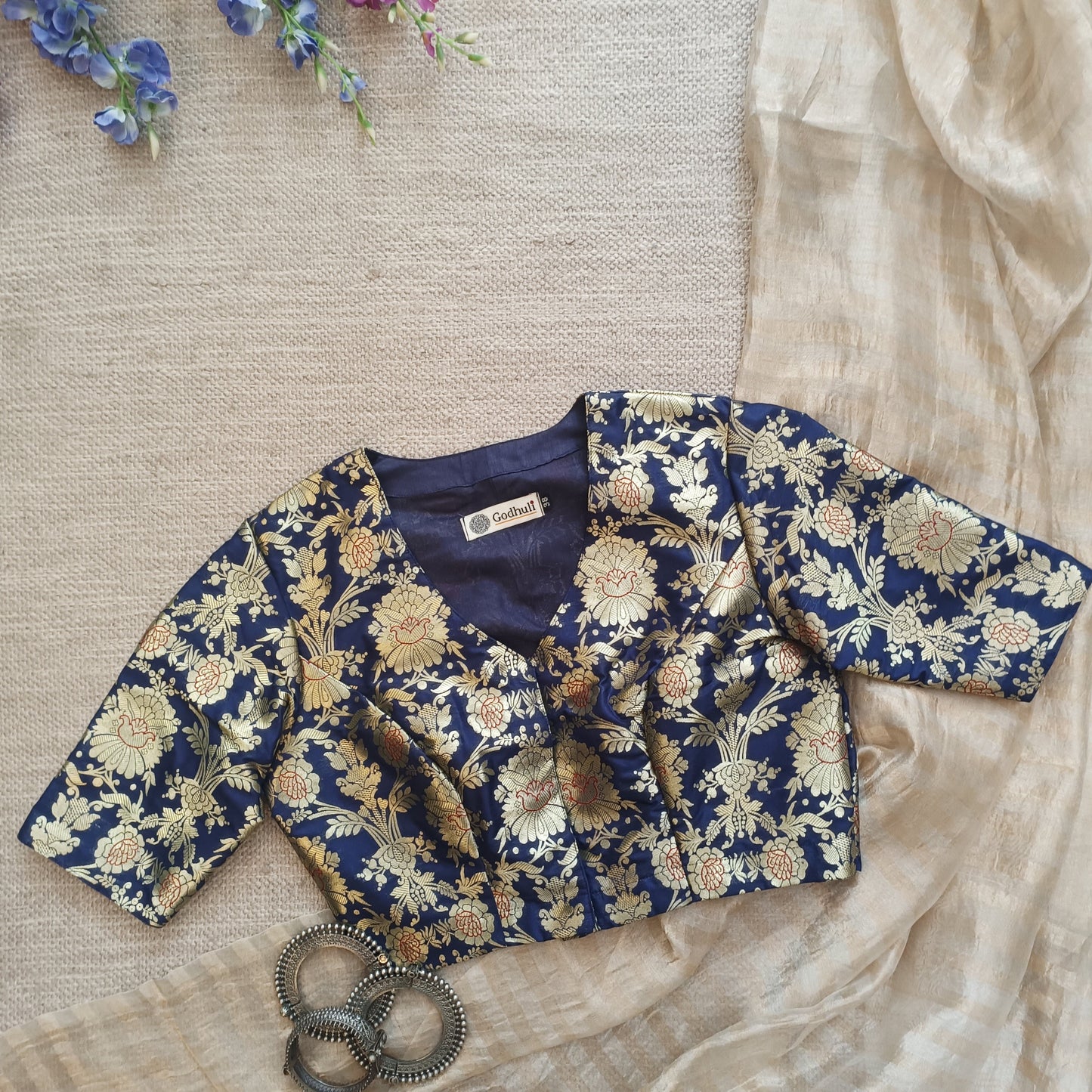 Royal Blue Floral Jaal Banarasi Brocade Blouse