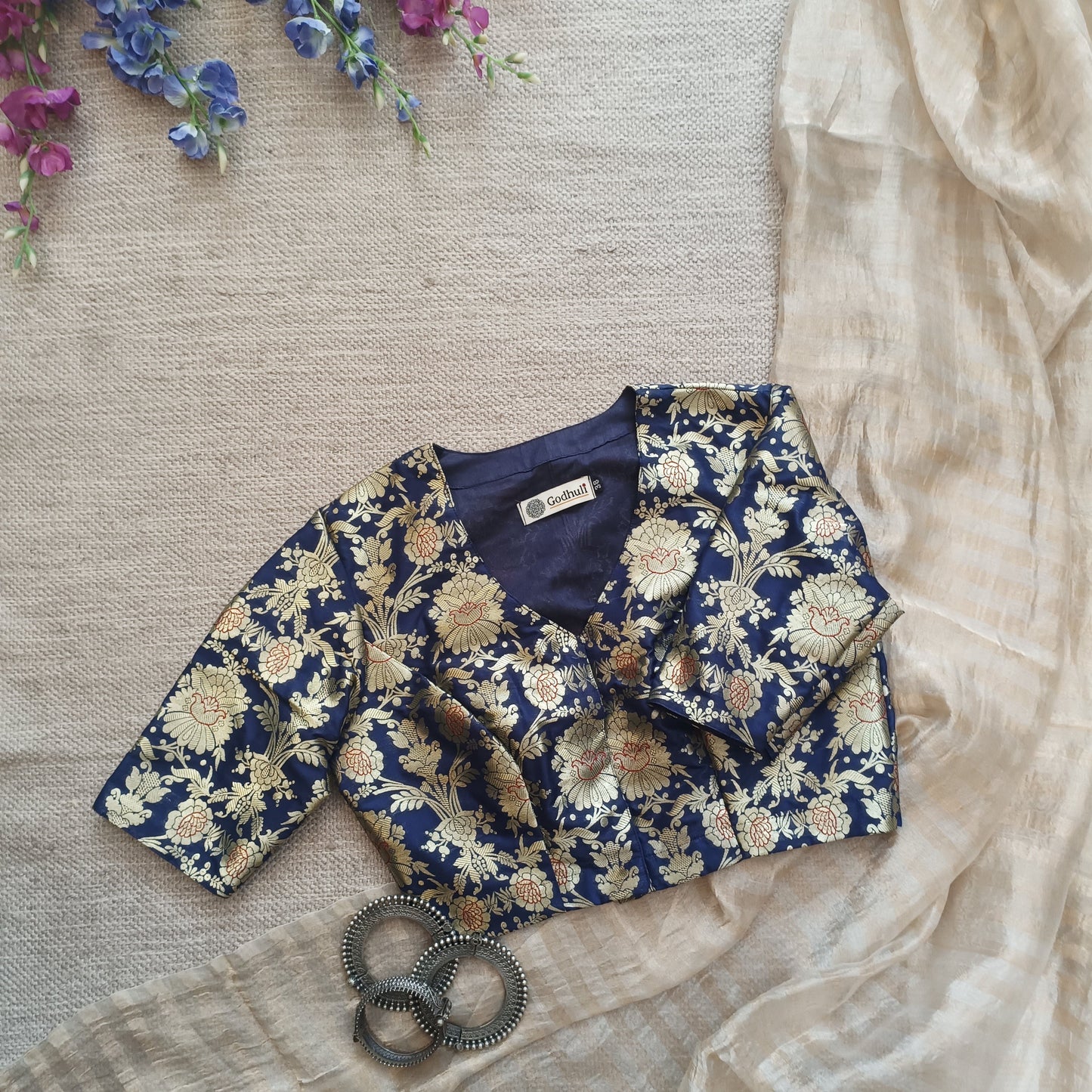 Royal Blue Floral Jaal Banarasi Brocade Blouse