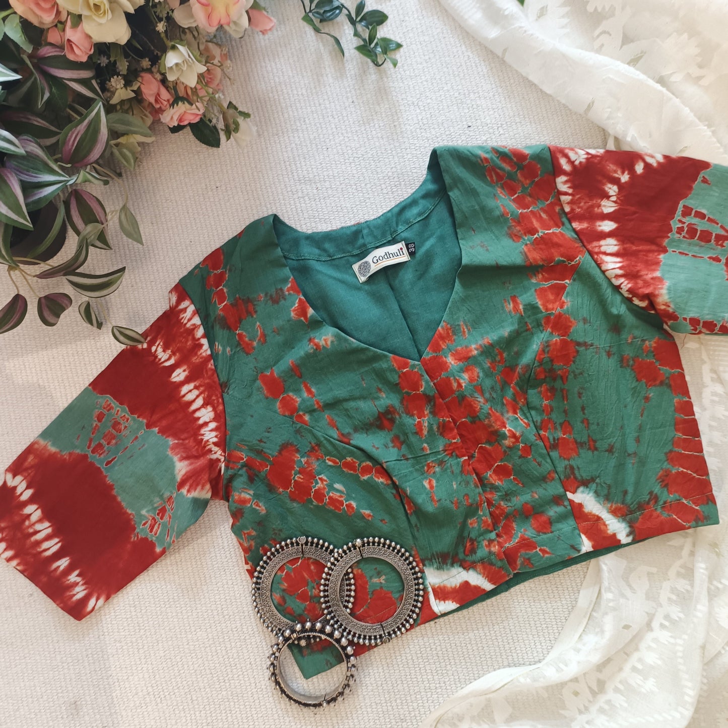 Sage Green Brick Red Shibori Blouse
