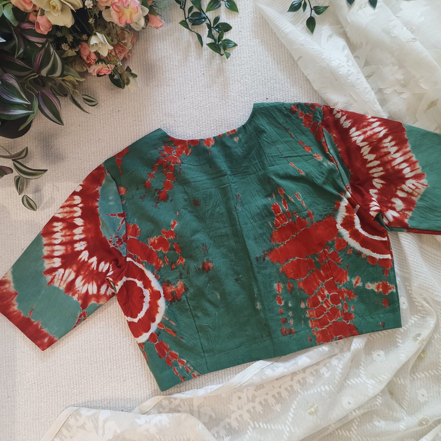 Sage Green Brick Red Shibori Blouse