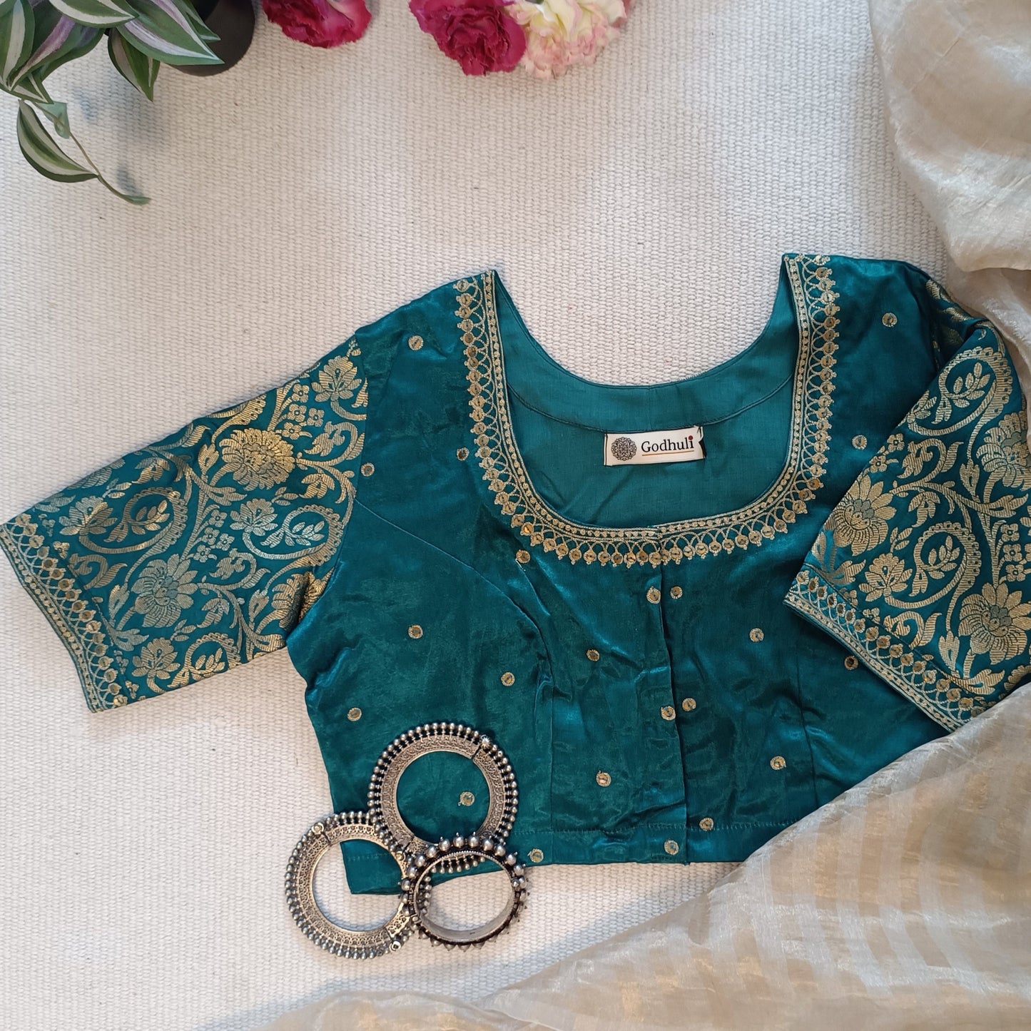 Sea Green Gaji Silk Brocade Sleeves Aari Work Blouse