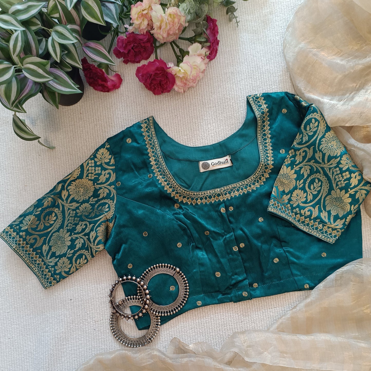 Sea Green Gaji Silk Brocade Sleeves Aari Work Blouse