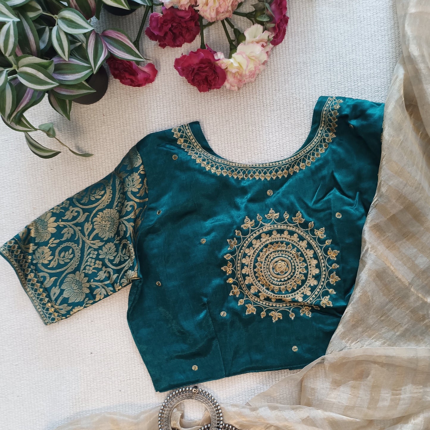 Sea Green Gaji Silk Brocade Sleeves Aari Work Blouse