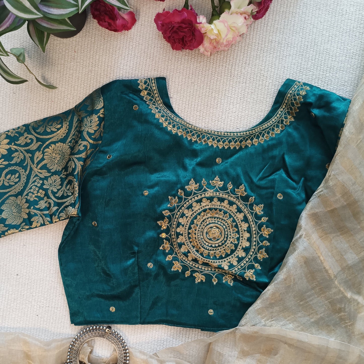Sea Green Gaji Silk Brocade Sleeves Aari Work Blouse