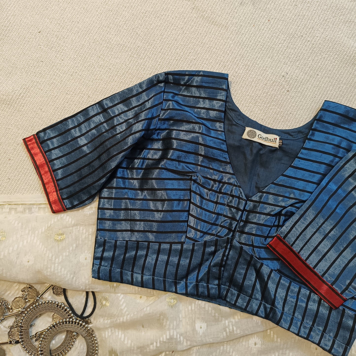 Steel Grey Gaji Silk Stripes Blouse